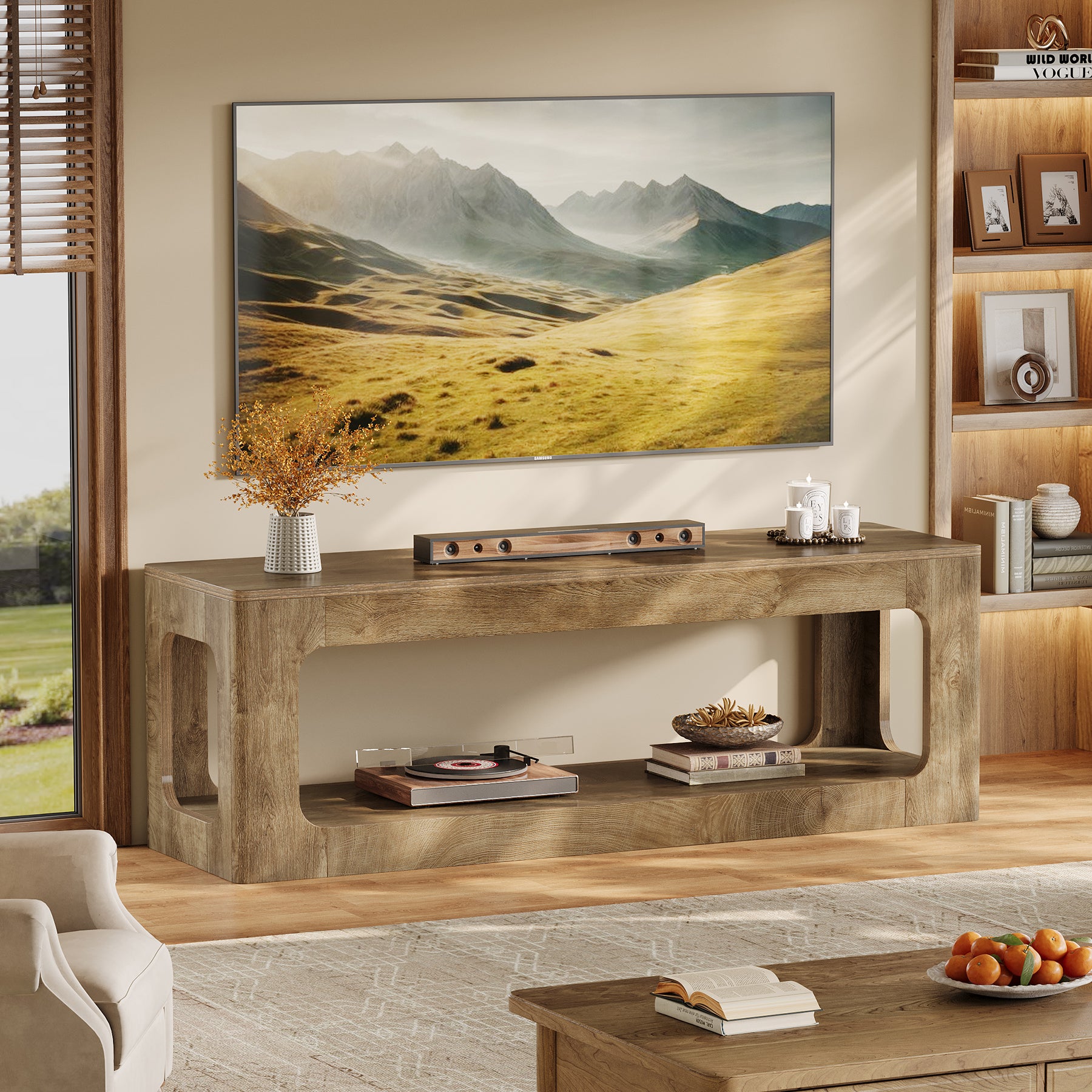 Tribesigns 63-Inch Farmhouse TV Stand with Circle Cutouts, 2-Tier Media Console for Living Room