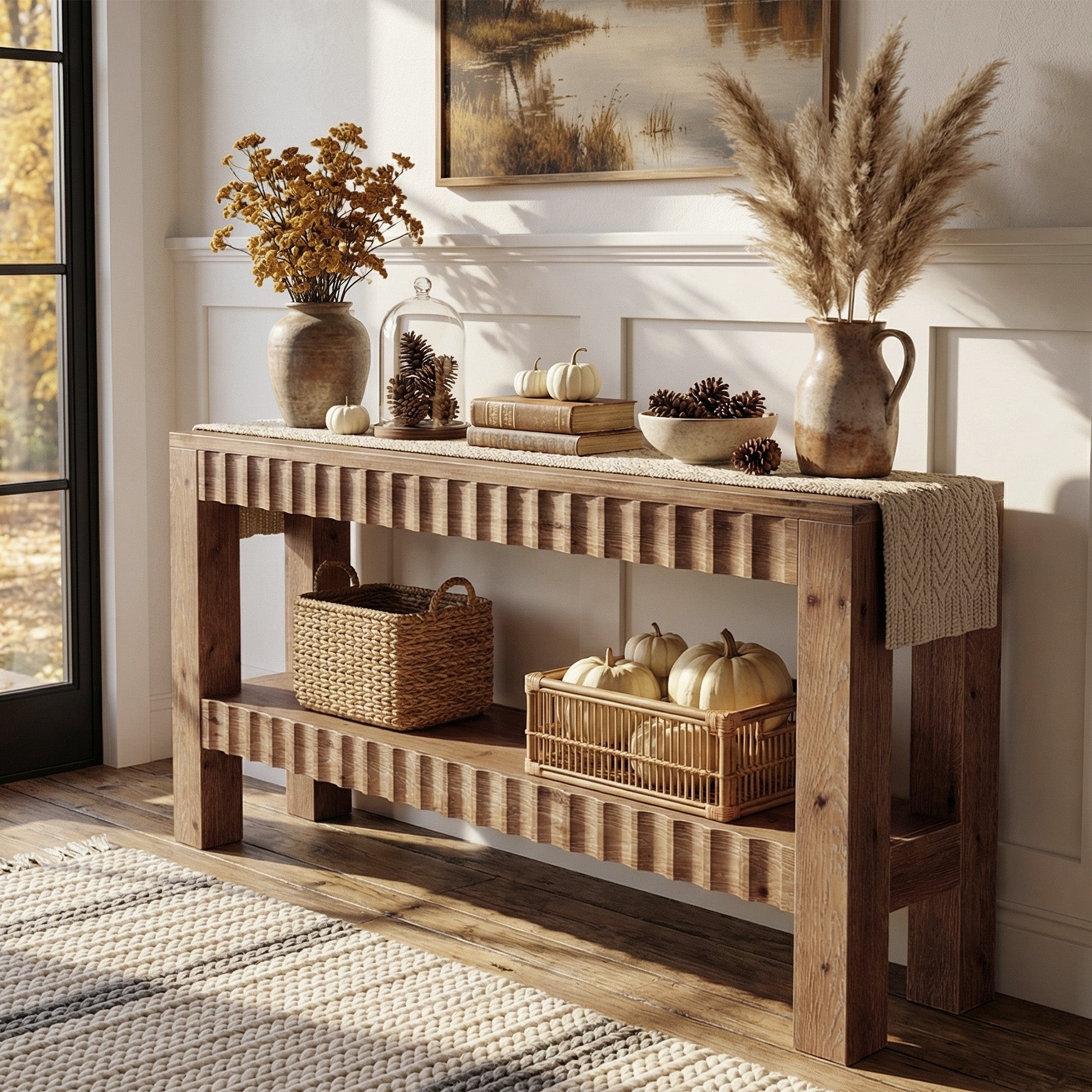 63" Console Table, Solid Wood Farmhouse Entryway Table with 2-Tier Storage