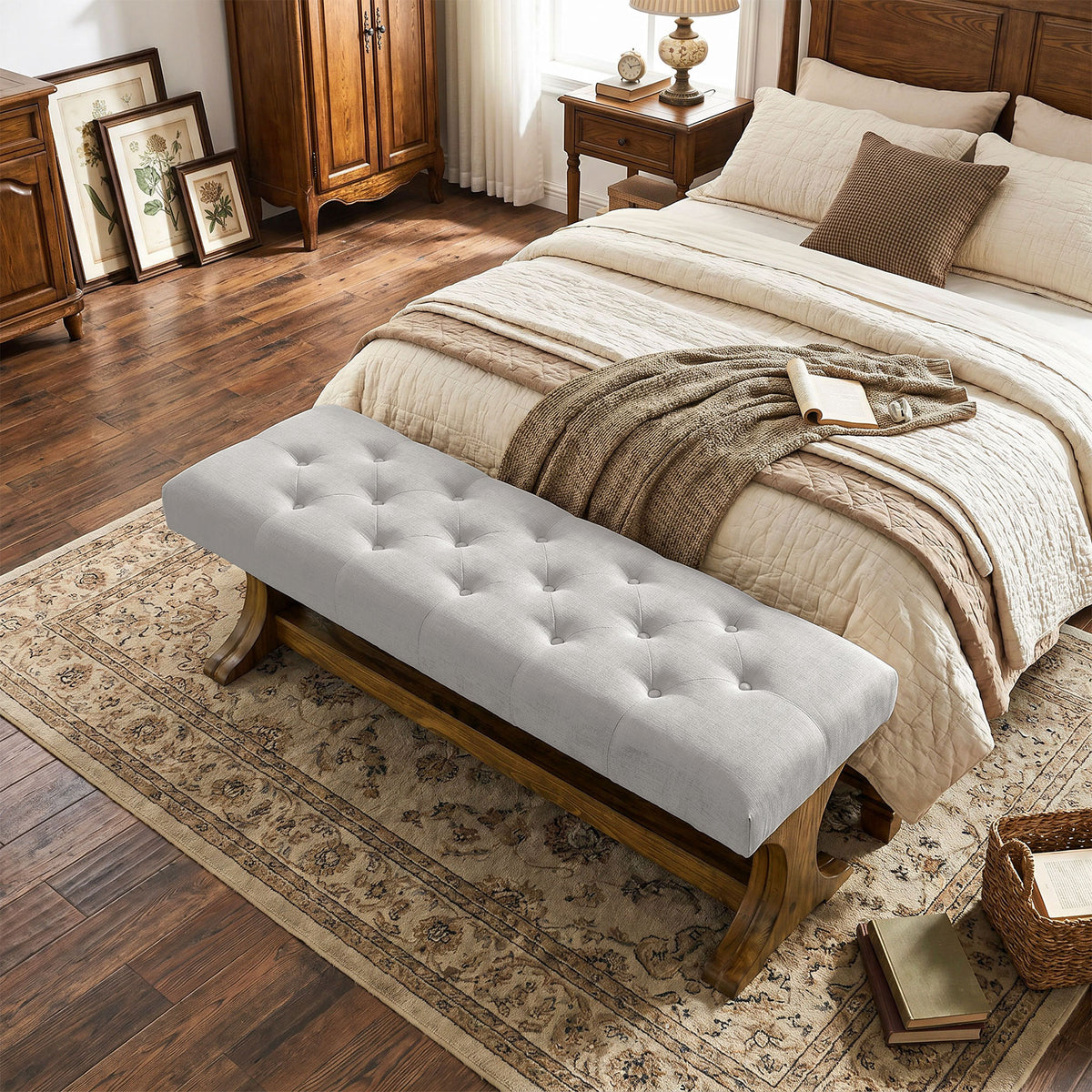 Tribesigns 55 Inch Upholstered End of Bed Bench with Tufted Cushion, Farmhouse Storage Bench for Bedroom and Living Room