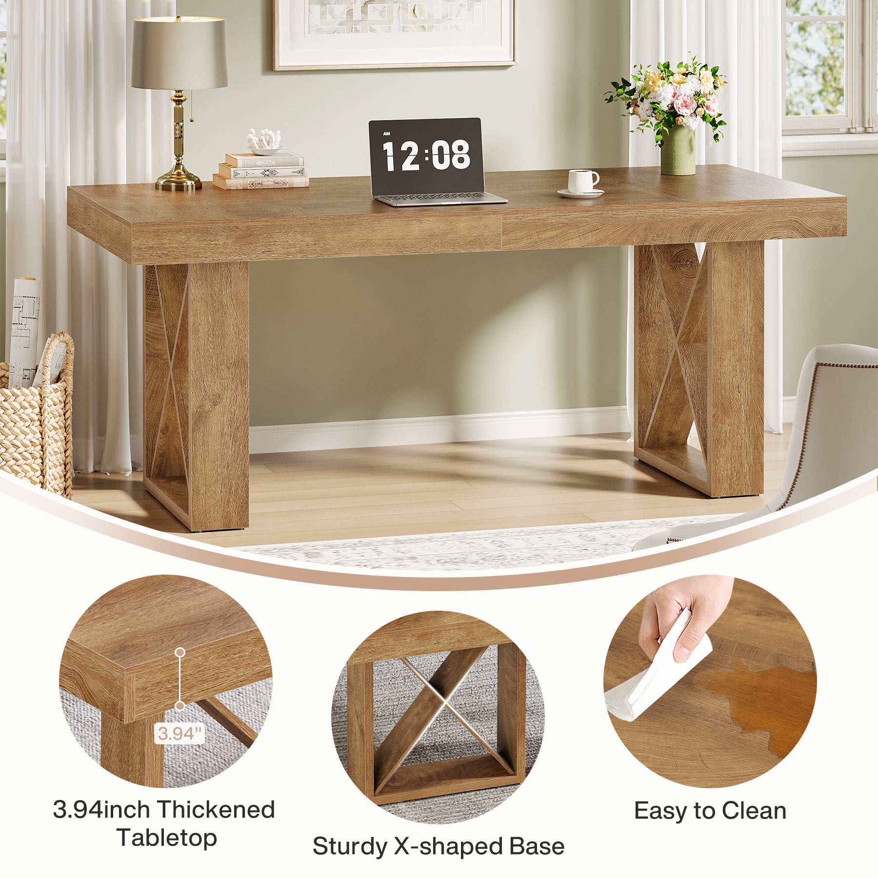 63 Inch Computer Desk with Thick Desktop, Writing Workstation for Home Office Study Room