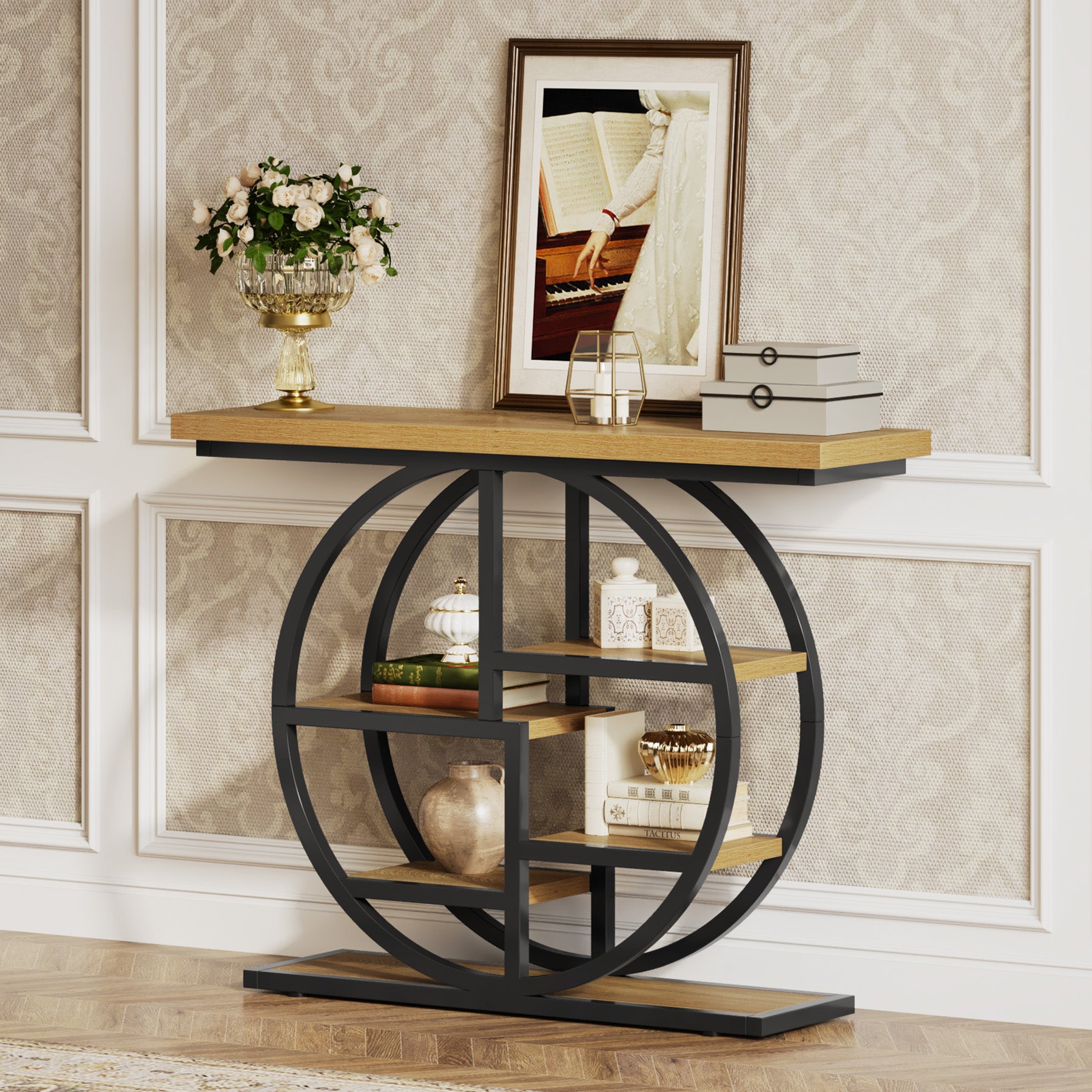 Tribesigns Industrial Console Table - 105cm Narrow 6-Tier Sofa Entryway Table with Circle Base, Storage Shelves