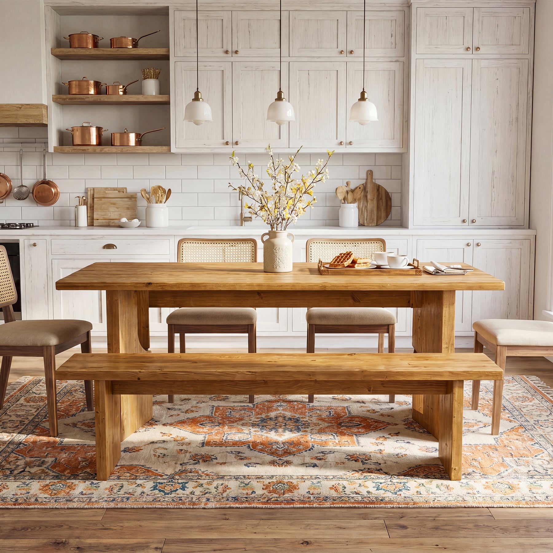 Tribesigns 63-Inch Solid Wood Dining Table with Cutout Bases, Farmhouse Table for Dining Room