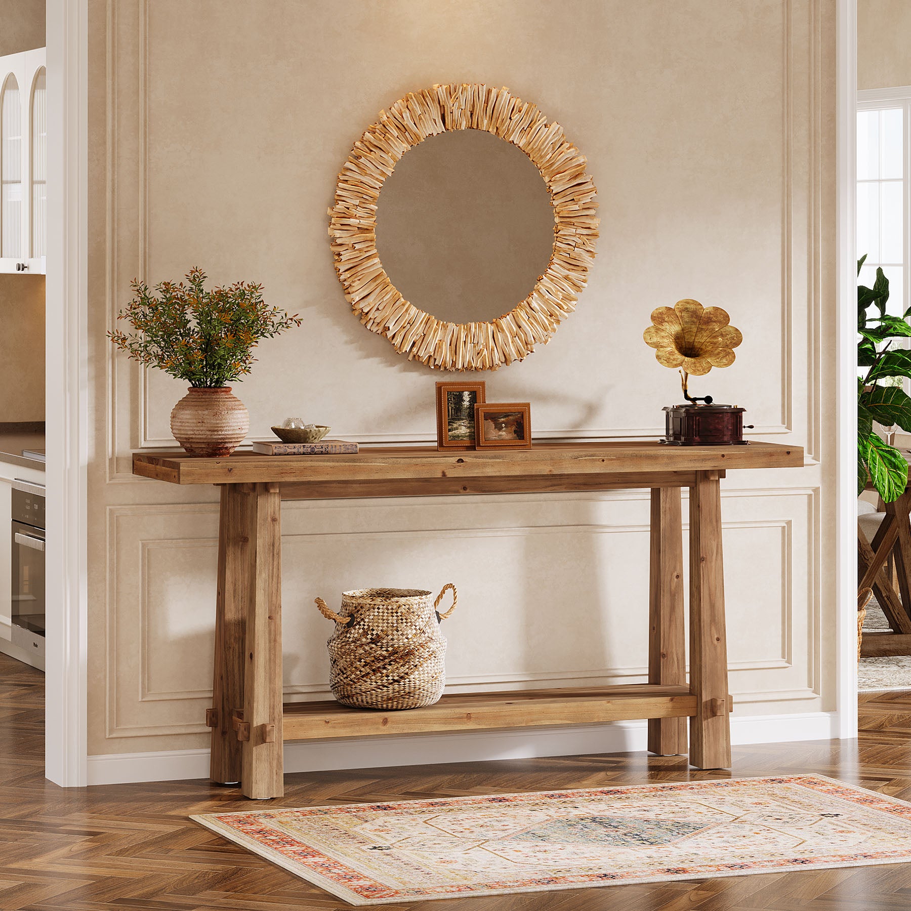 Tribesigns 63" Console Table, Farmhouse Solid Wood Entryway Sofa Table with 2-Tier Storage