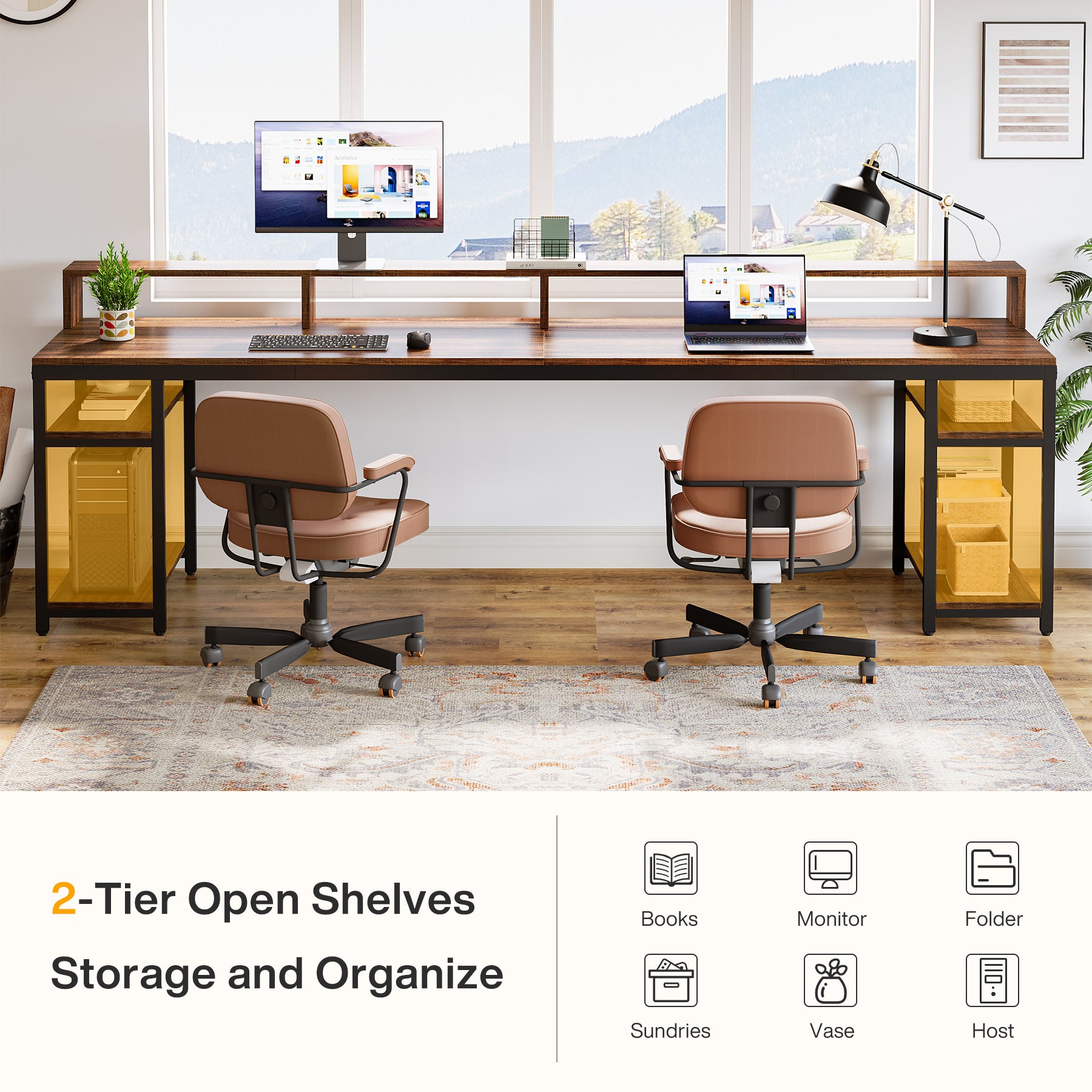 78.74" Two Person Desk with Monitor Stand, Double Computer Desk for Home Office Gaming Study