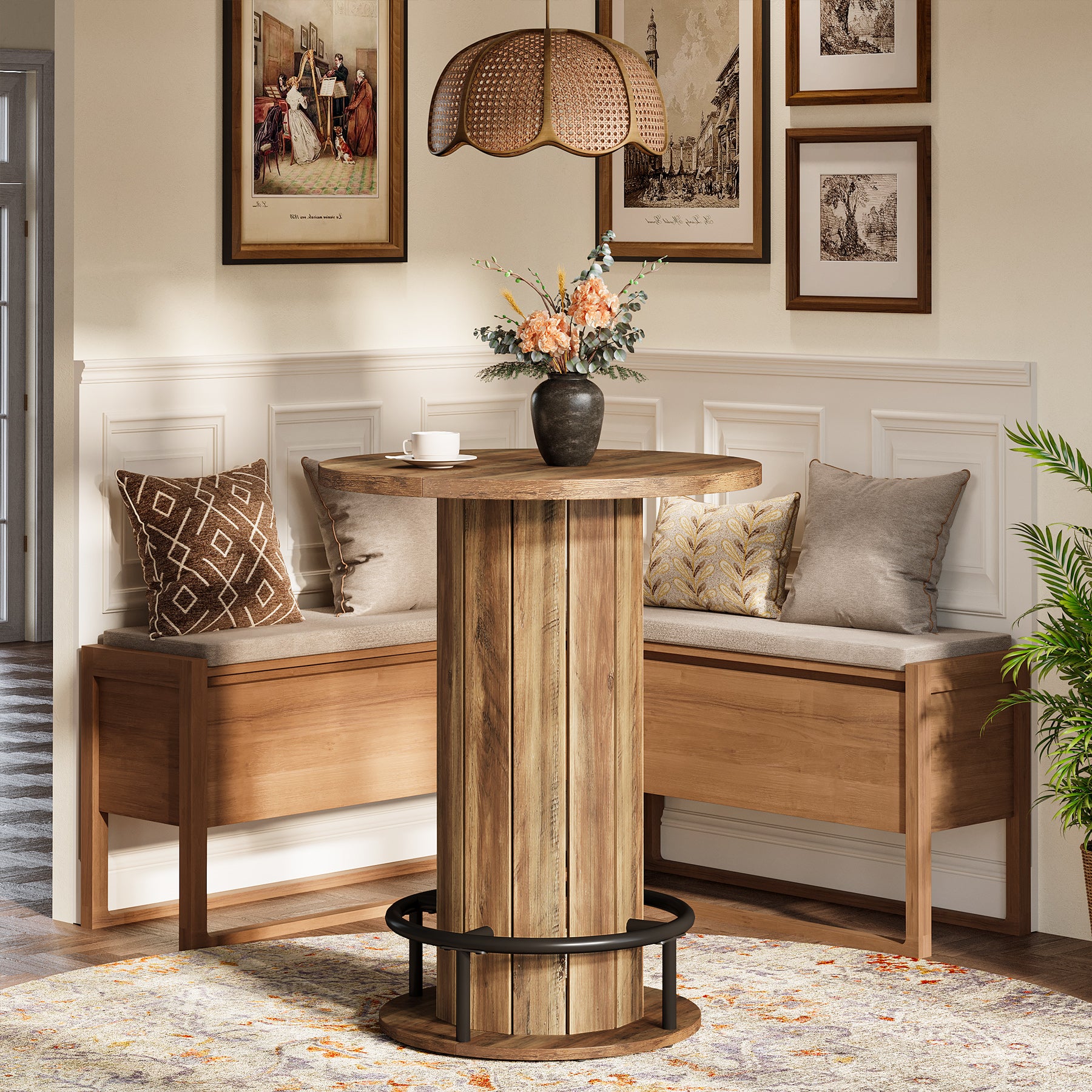 39.4" Round Wood Bar Table, Metal Ring Footrest for Dining & Living