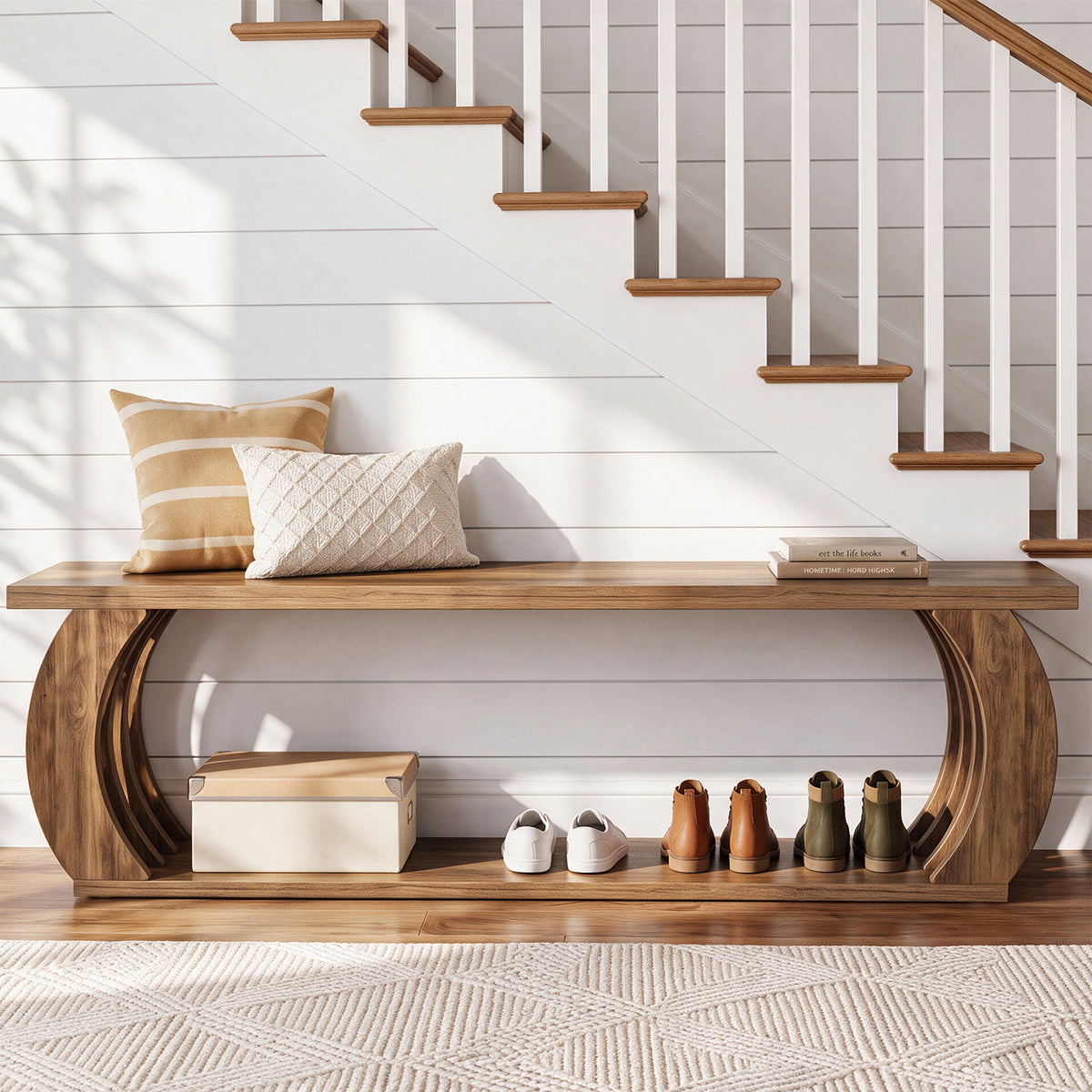 Tribesigns 63-Inch Farmhouse Entryway Bench, 2-Tier Shoe Storage Bench for Hallway