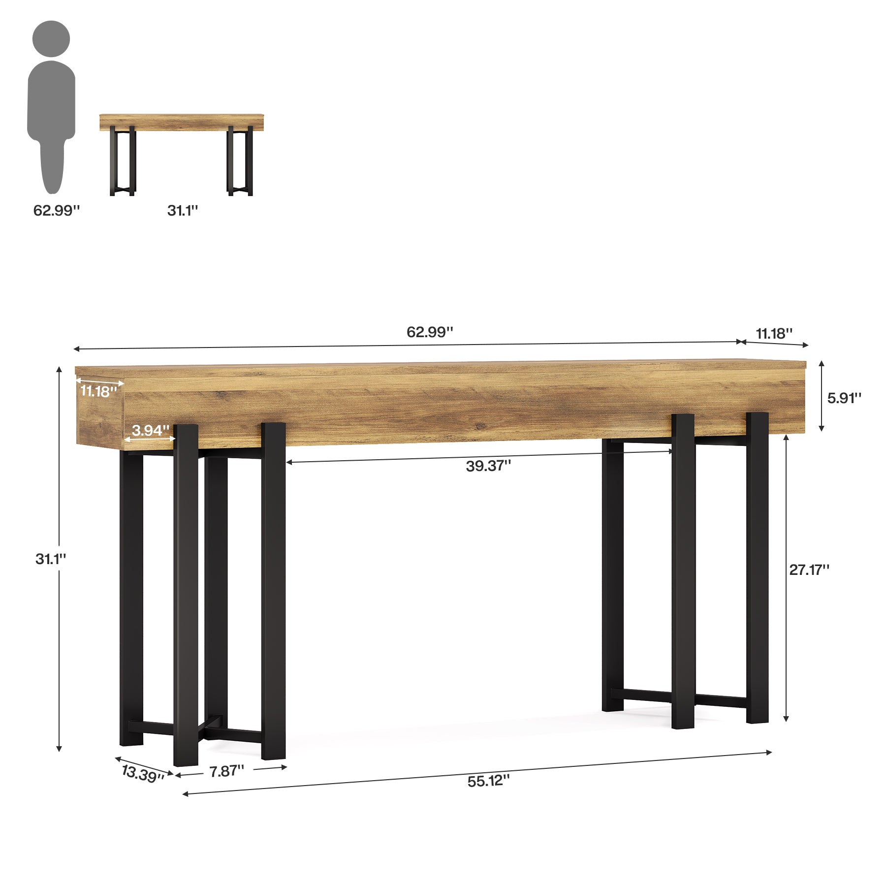 63" Industrial Console Table with Metal Frame, Wooden Sofa Table for Entryway and Living Room