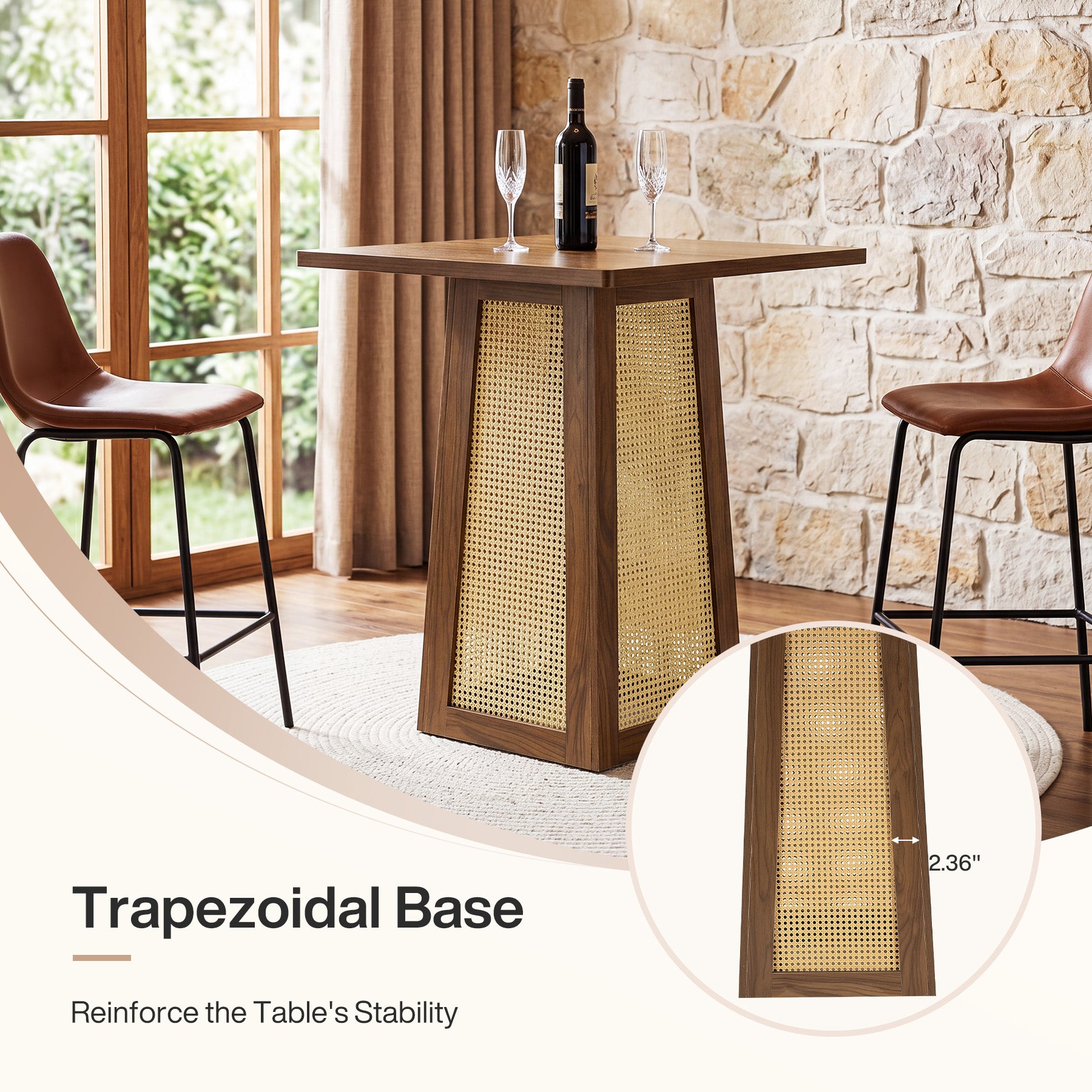 31.5-Inch Square Bar Table, Counter Height Pub Table with Rattan Pedestal Base for Home Bar Kitchen and Small Spaces