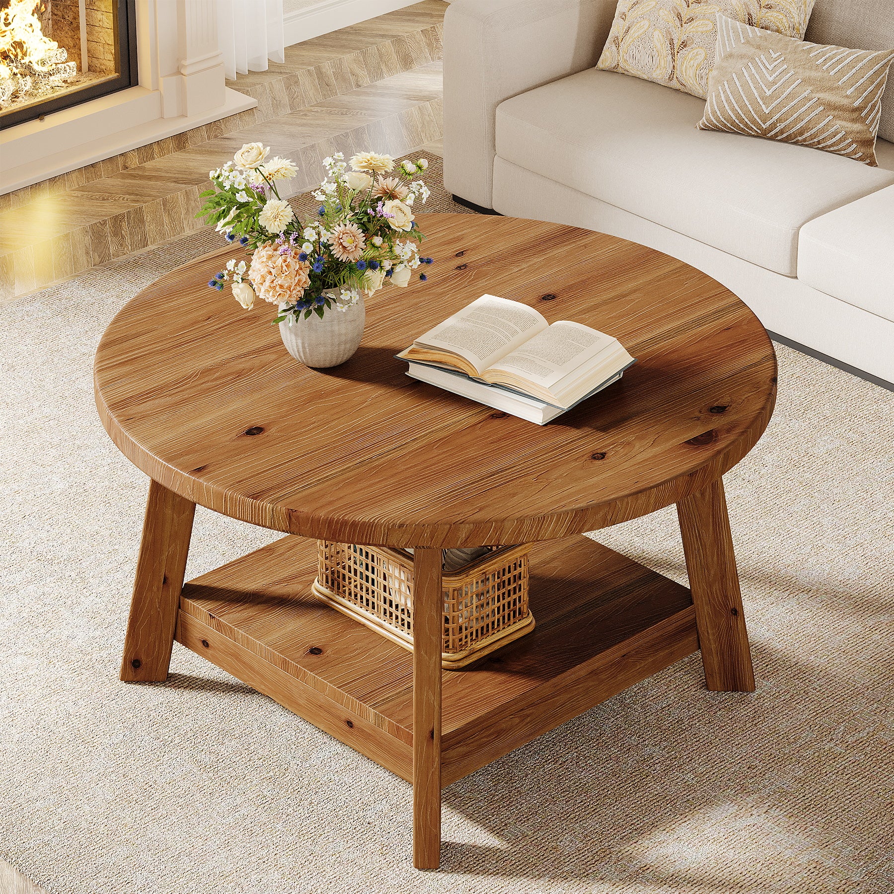Rustic Round Coffee Table, 31.5-Inch Two-Tier Design with Tapered Wooden Legs
