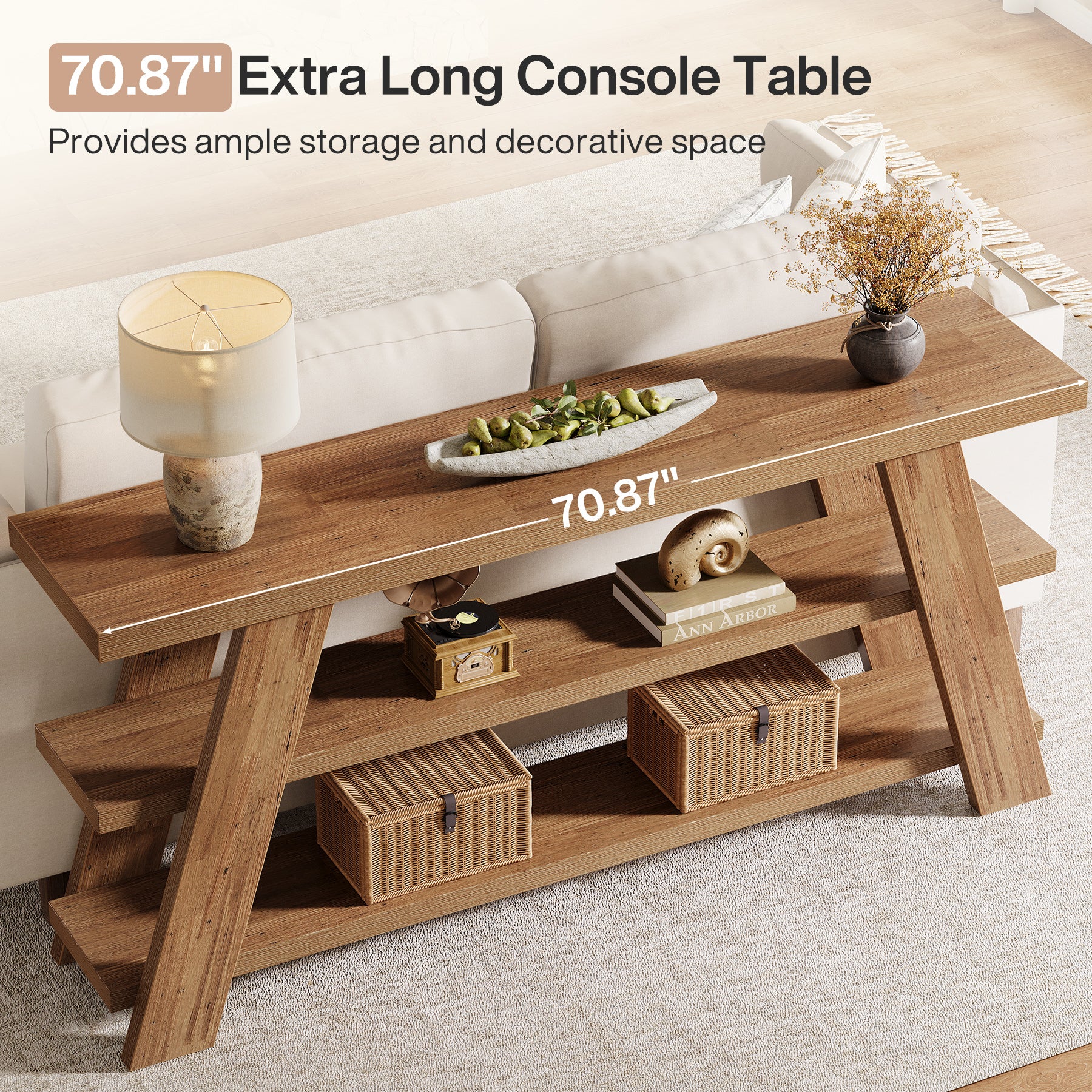 70.9" Farmhouse Console Table, 3-Tier Narrow Sofa Table with Storage