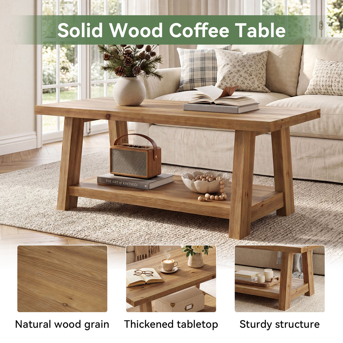 Tribesigns 47.2-Inch Solid Wood Coffee Table, 2-Tier Storage Shelf Rectangle Center Table for Living Room