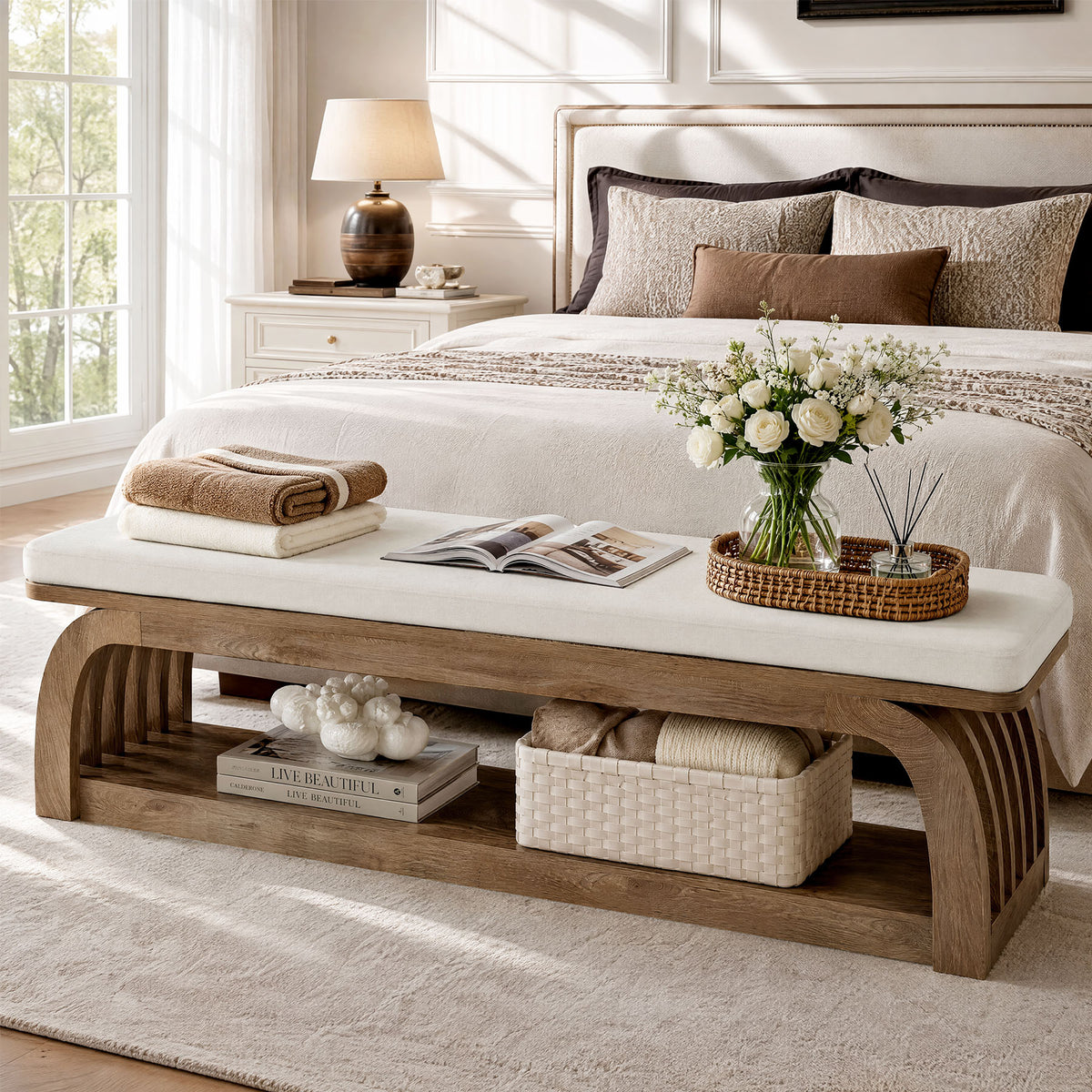 Tribesigns 55.1 Inch Upholstered Entryway Bench with 2-Tier Shoe Storage, Farmhouse Hallway Bench