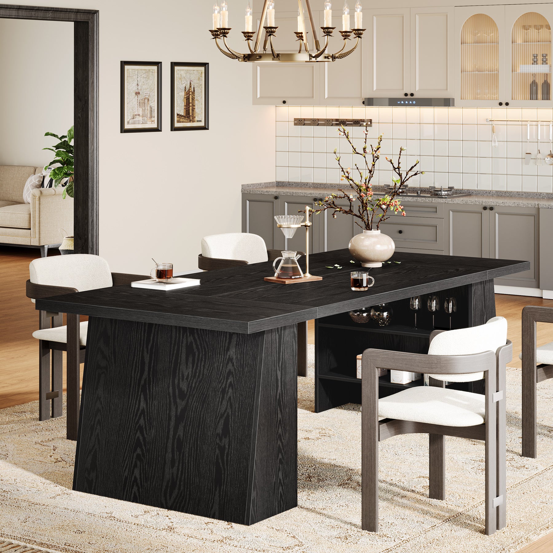 Tribesigns 63-Inch Black Kitchen Table with Double Pedestal Storage, Modern Dining Table for 4-6 People