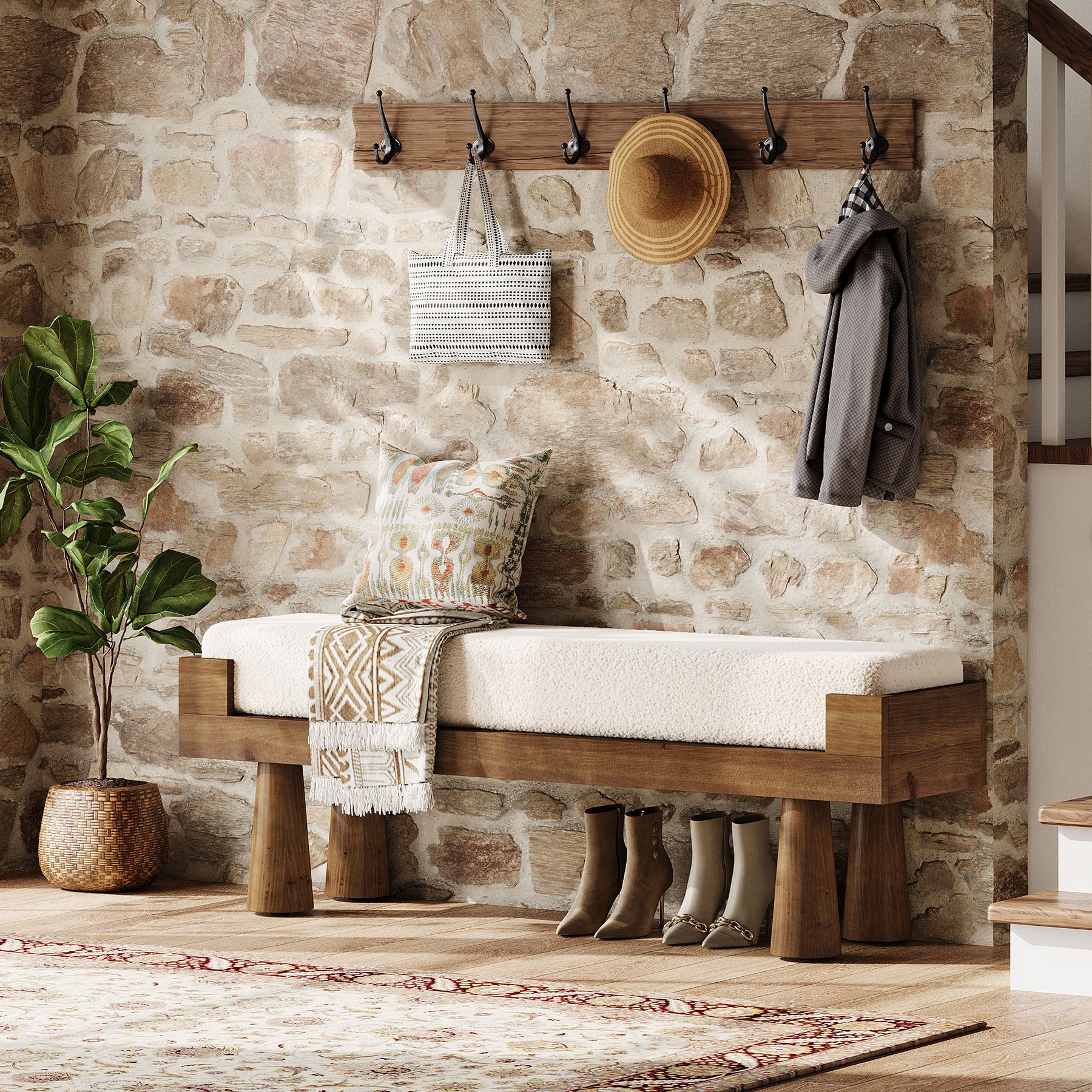 Tribesigns Upholstered Entryway Bench with Solid Wood Legs, Mid-Century Shoe Bench for Bedroom and Living Room