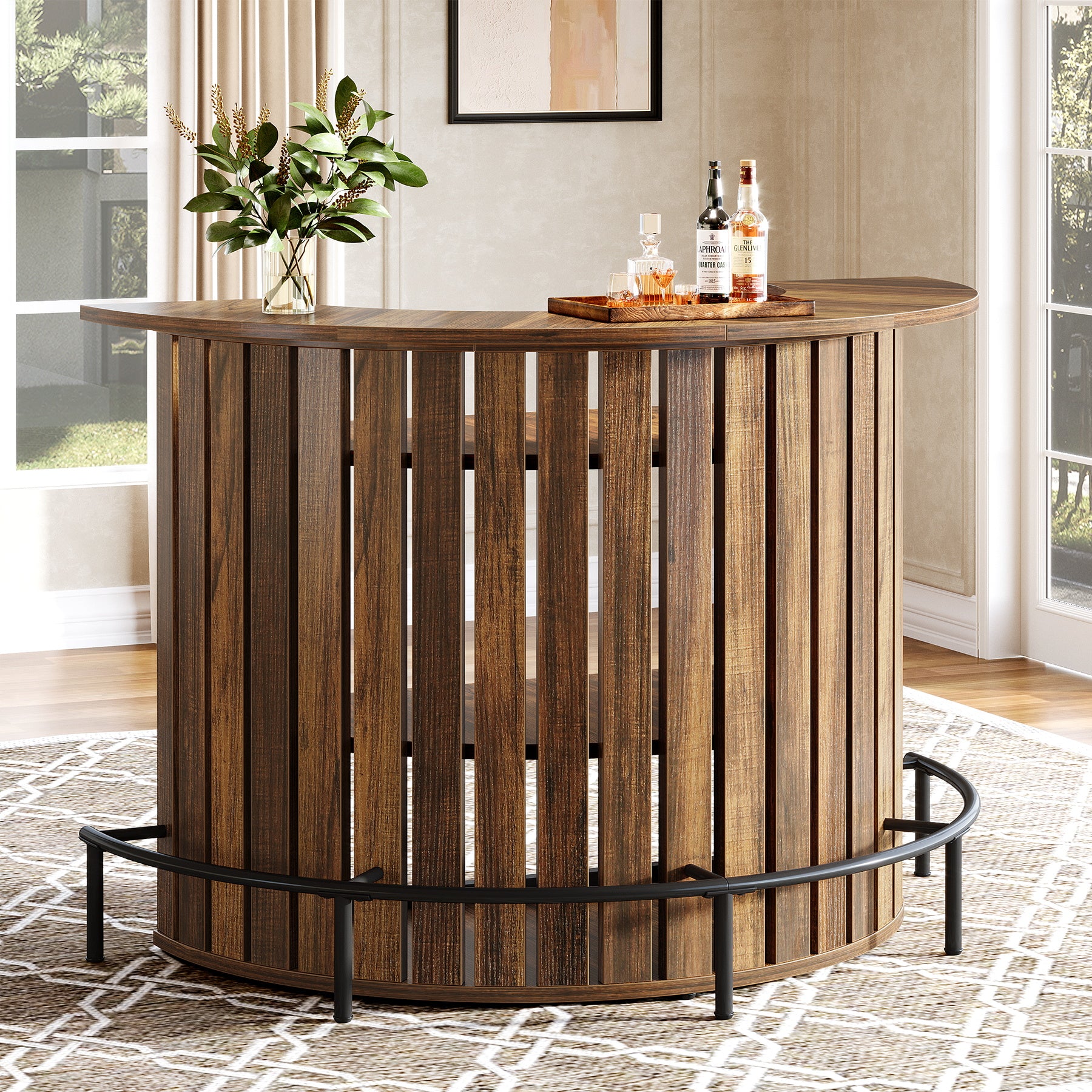 Tribesigns Bar Table with 4-Tier Storage and Footrest, Arc-Shaped Mini Home Bar Unit