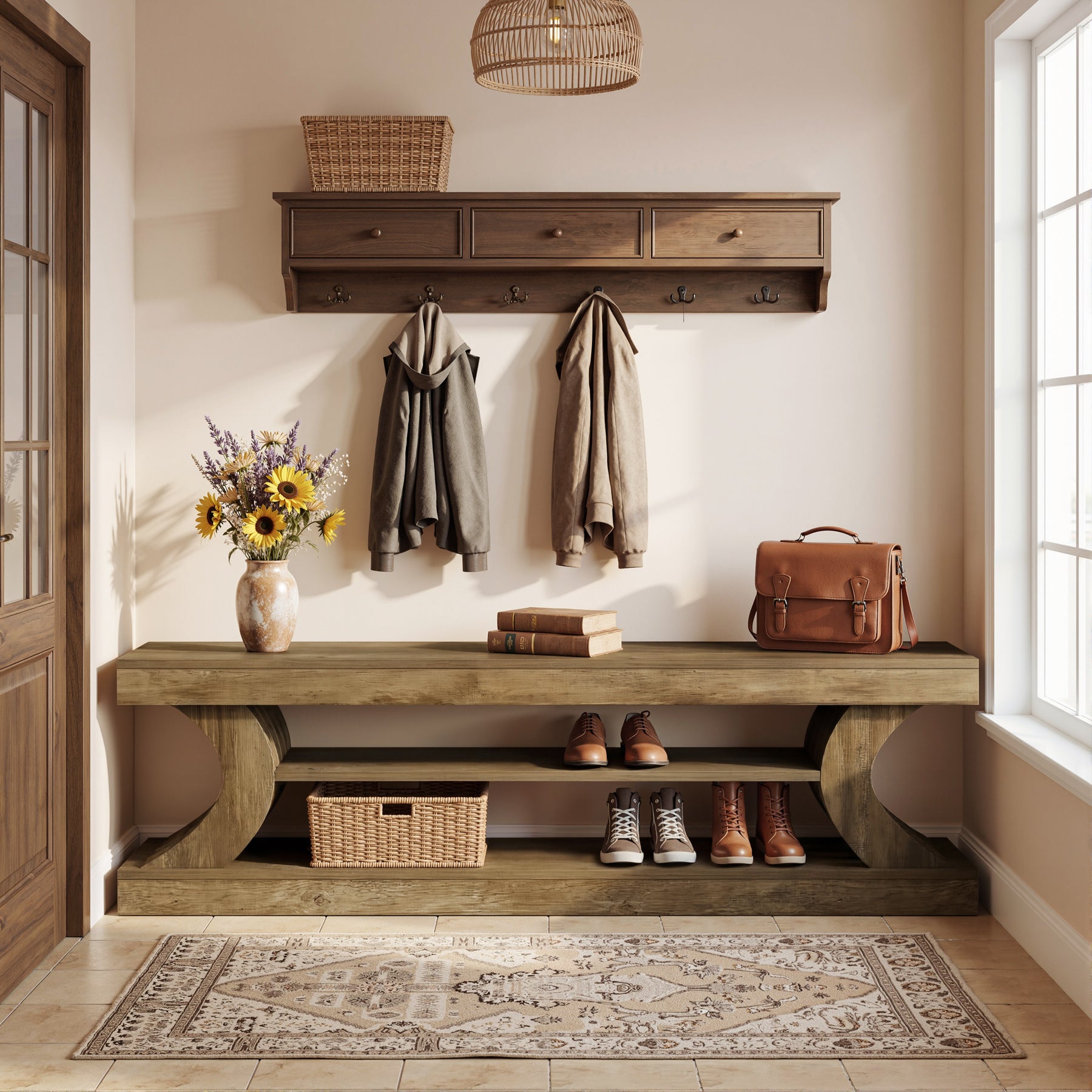 Tribesigns 63-Inch Entryway Shoe Bench with Open Storage, 3-Tier Bed Bench for Bedroom and Hallway