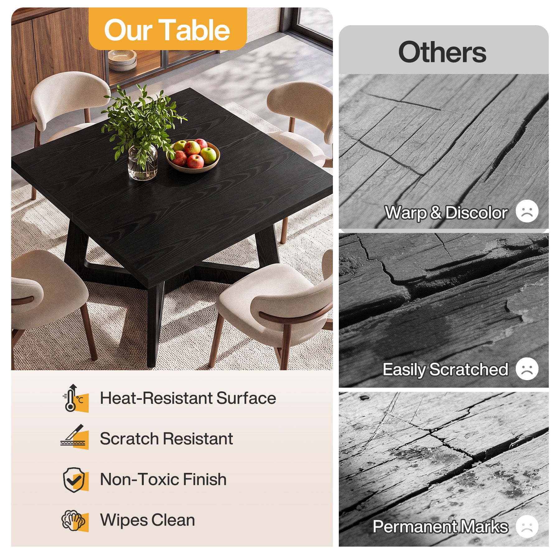 Tribesigns 39.37-Inch Square Dining Table for 2-4, Modern Black Kitchen Table with Stable Frame