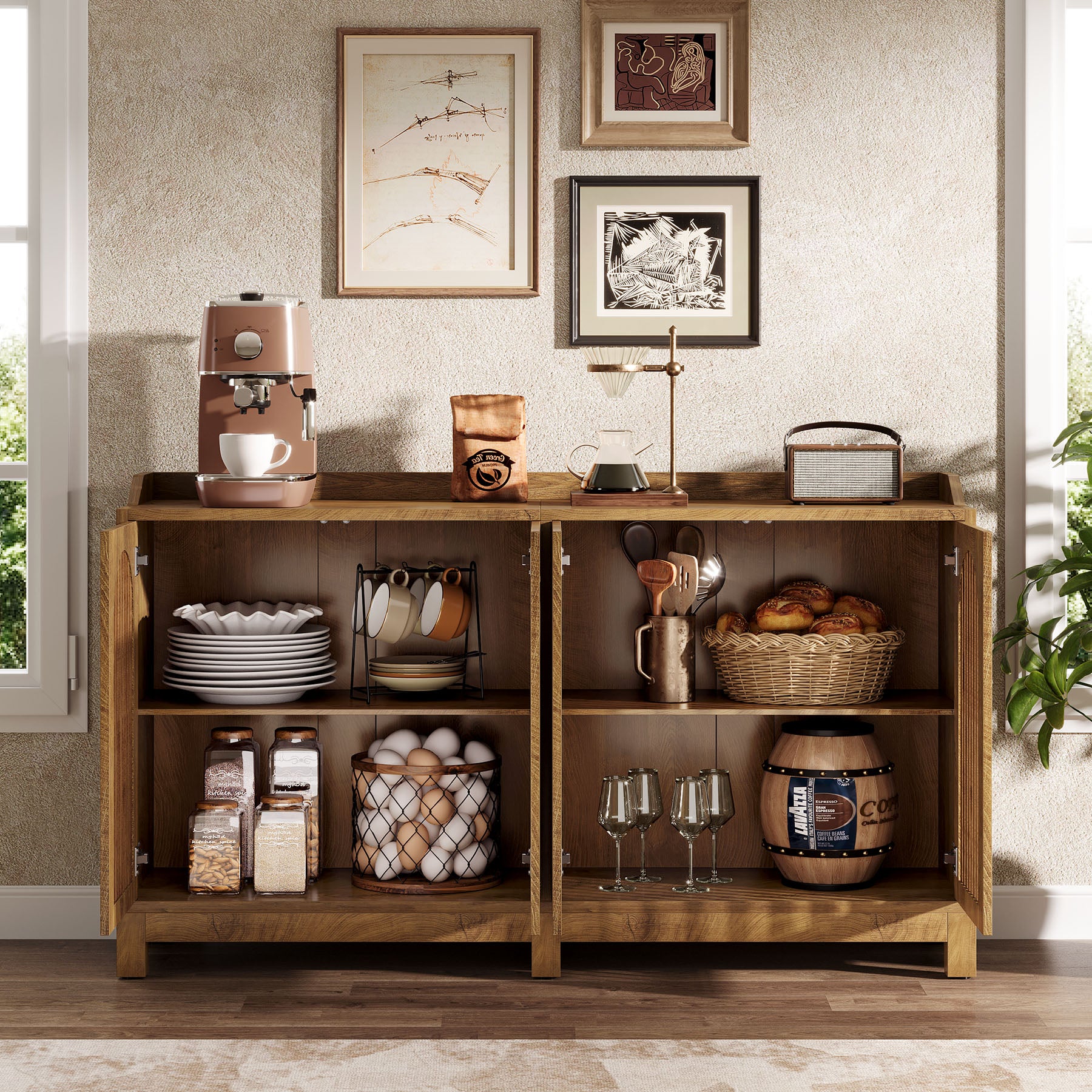 57-Inch Buffet Cabinet with Adjustable Shelves and Grille Doors, Long Sideboard Cabinet for Dining Room