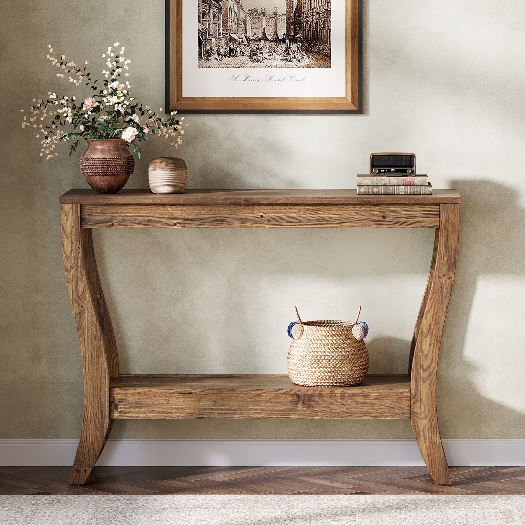 41.3-Inch Solid Wood Console Table with Storage Shelf, Farmhouse 2-Tier Entryway and Sofa Table for Living Room and Hallway