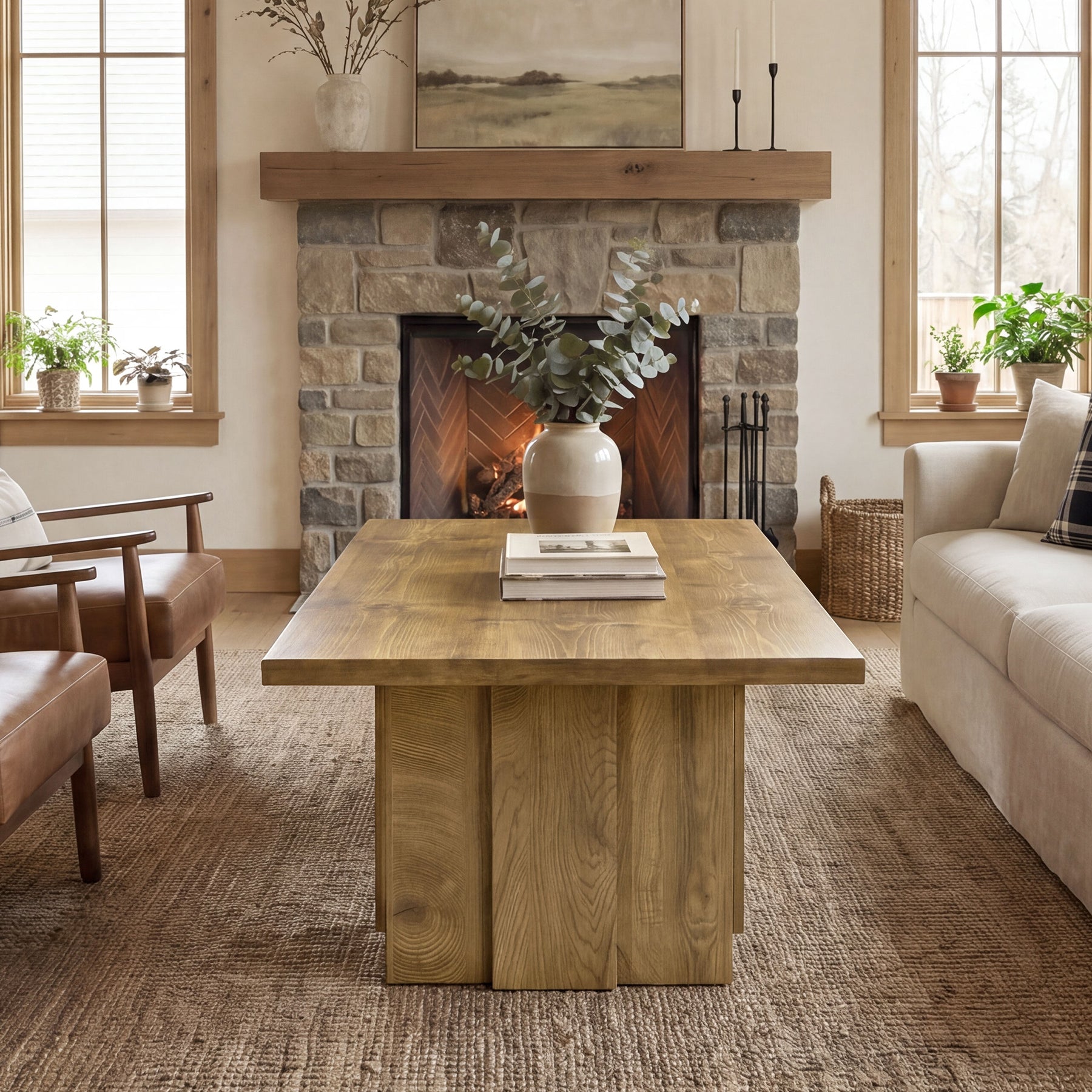 47.2-Inch Coffee Table with Fluted Pedestal Base, Farmhouse Center Table for Living Room