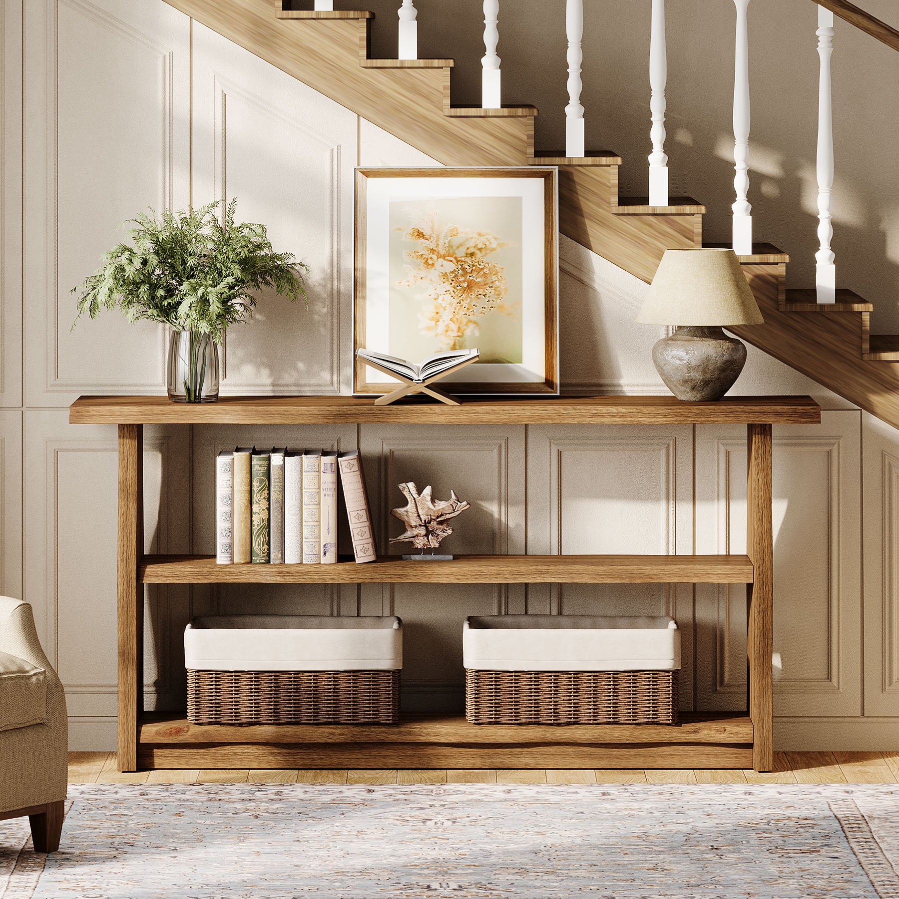 63-Inch Solid Wood Console Table with 3-Tier Open Storage, Rustic Pinewood Entryway Table for Hallway