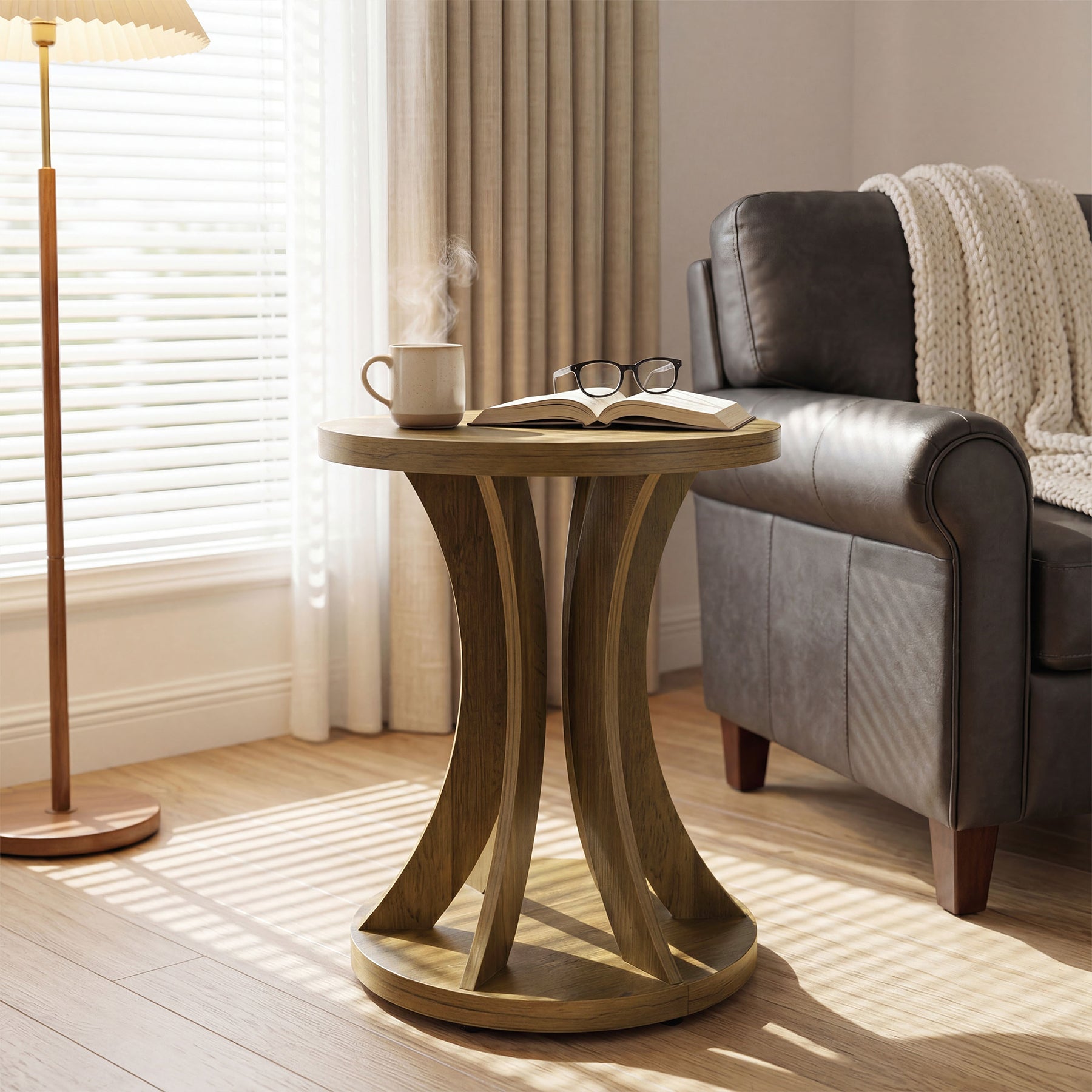 17.72 Inch Round Side Table, Farmhouse End Table with Curved Frame and Storage for Living Room