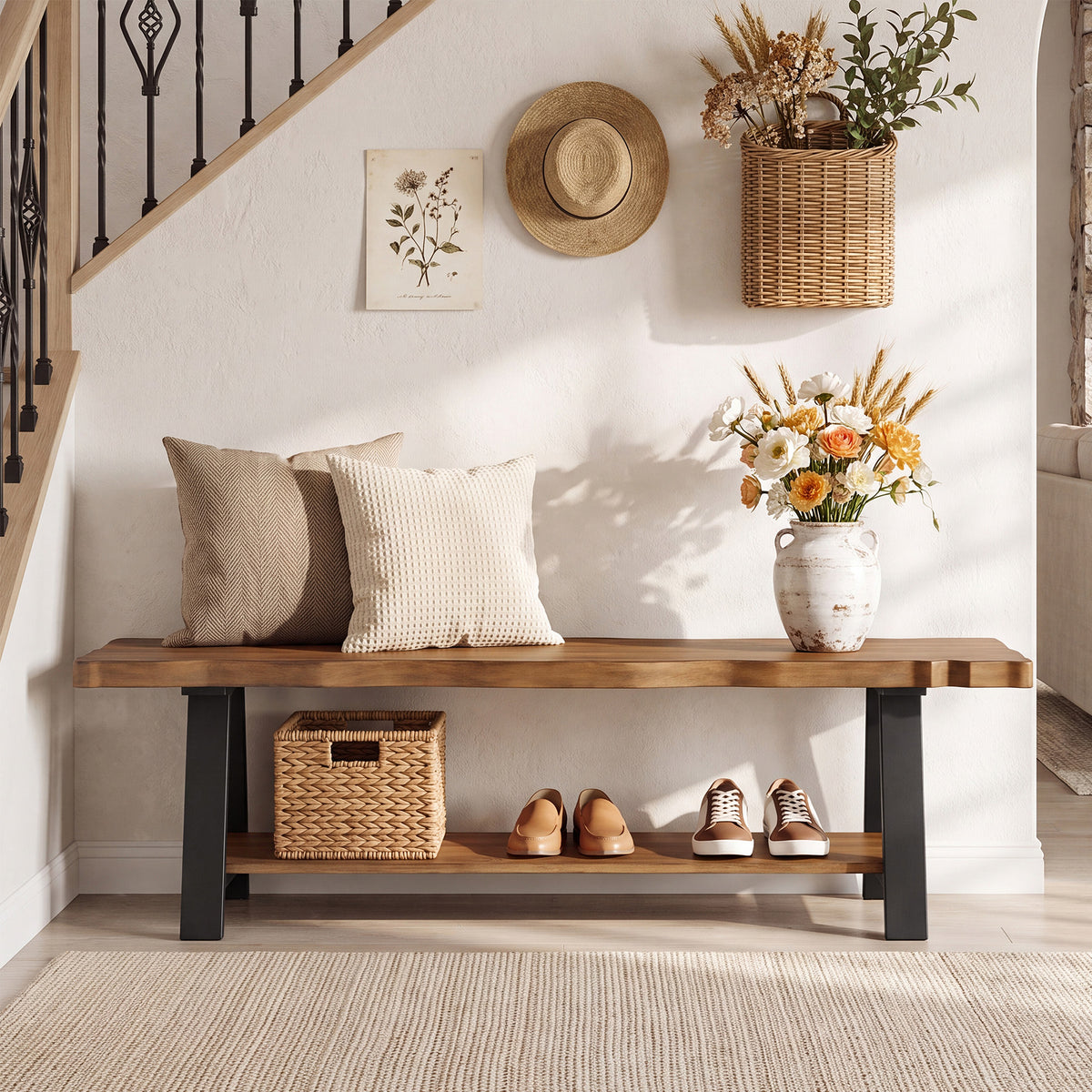 Tribesigns 63" Solid Wood Entryway Bench with Live Edge & 2-Tier Shoe Storage, Hallway & Mudroom
