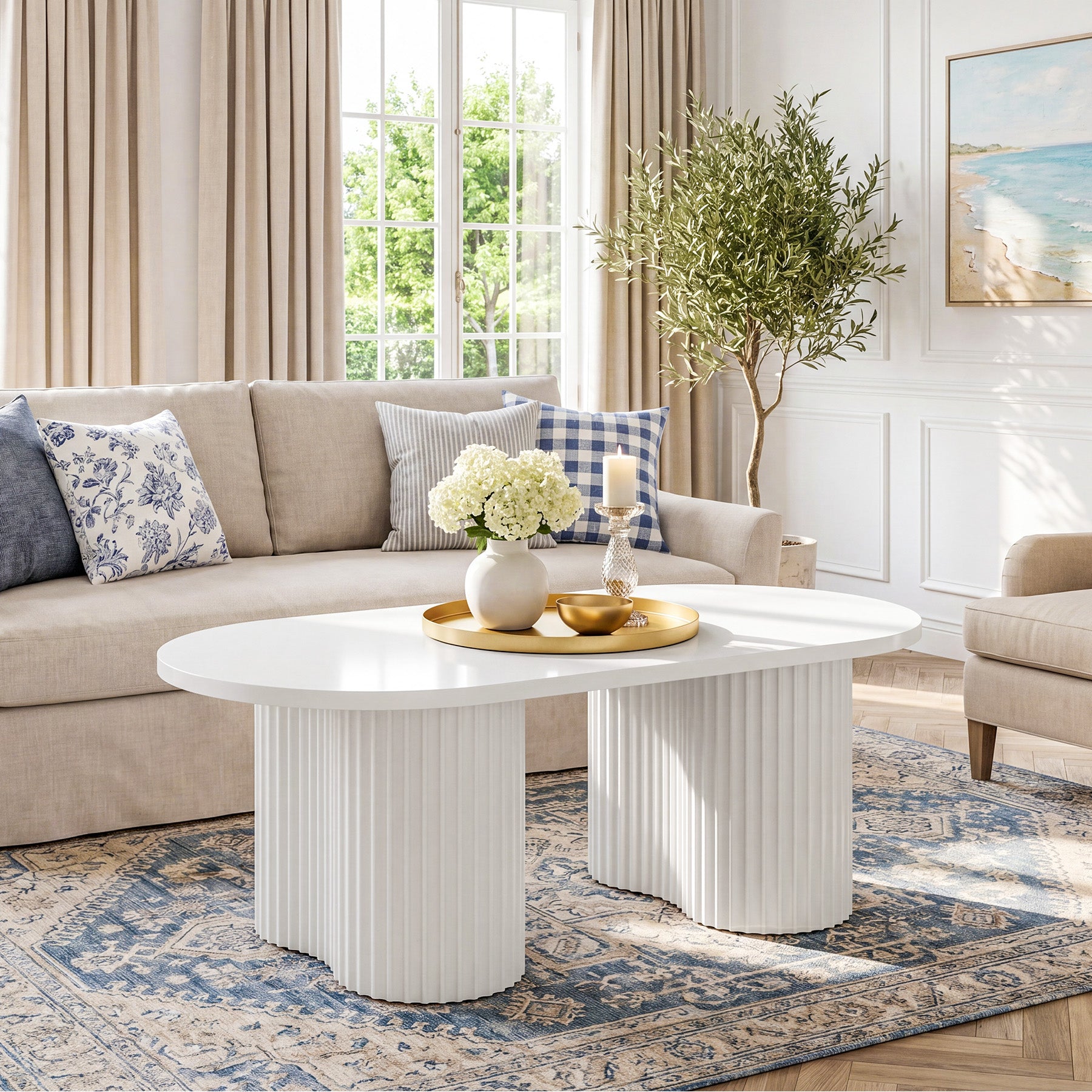 Tribesigns 47-Inch Oval Coffee Table with Fluted Design, Modern White Center Table for Living Room and Office