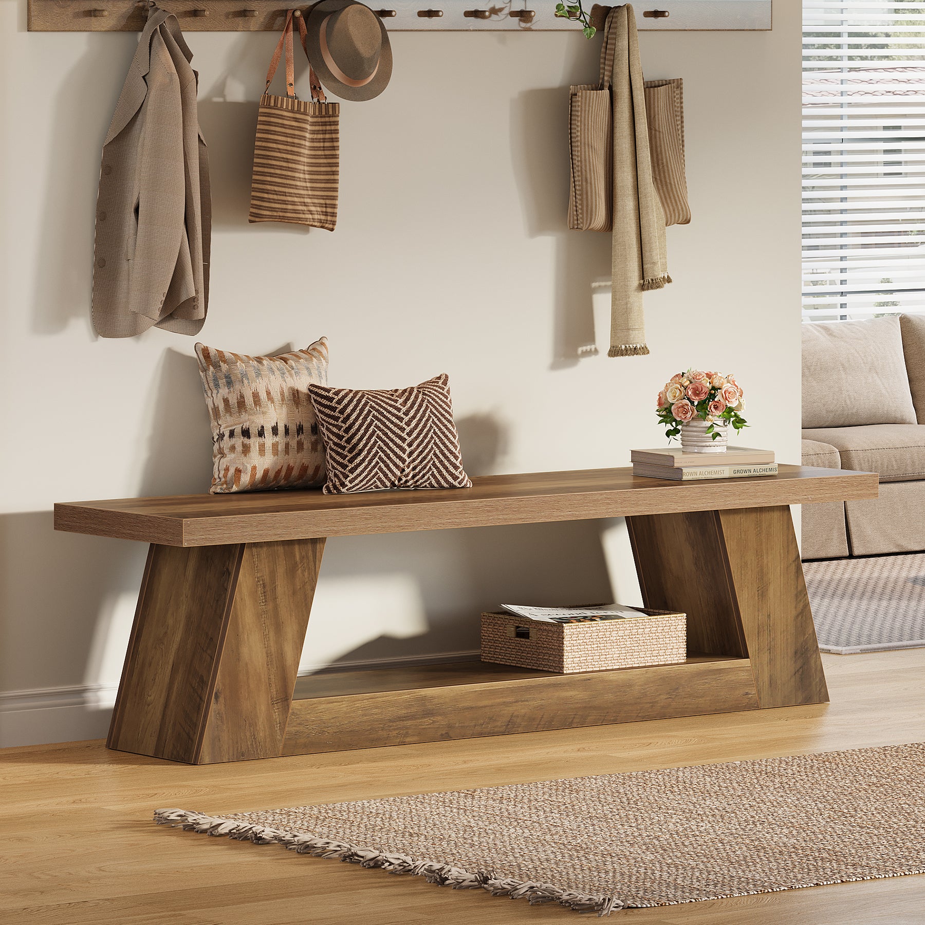 63" Wooden Entryway Bench with 2-Tier Storage, Rustic Long Bench for Hallway Living Room Bedroom