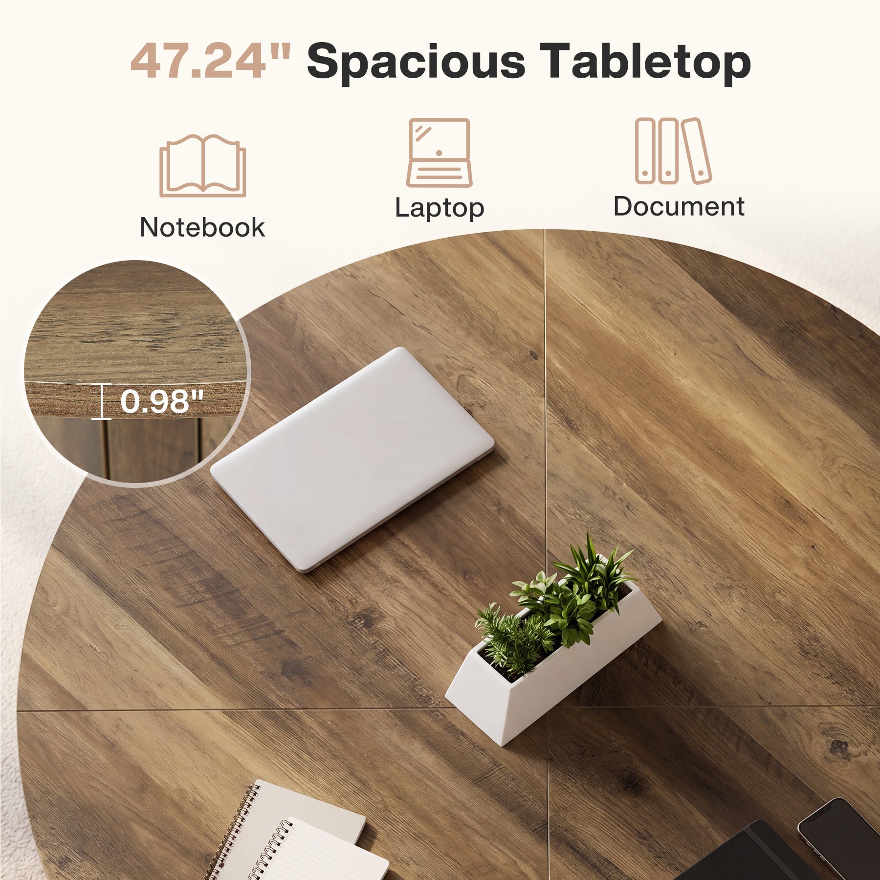 47.24-Inch Round Conference Table with Pedestal Base, Farmhouse Meeting Table for 4 to 6 People