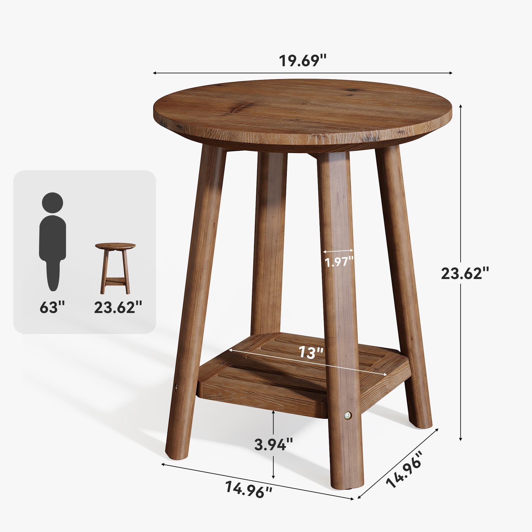 Tribesigns Round Side Table with 2-Tier Storage Shelf, Solid Wood End Table for Small Spaces