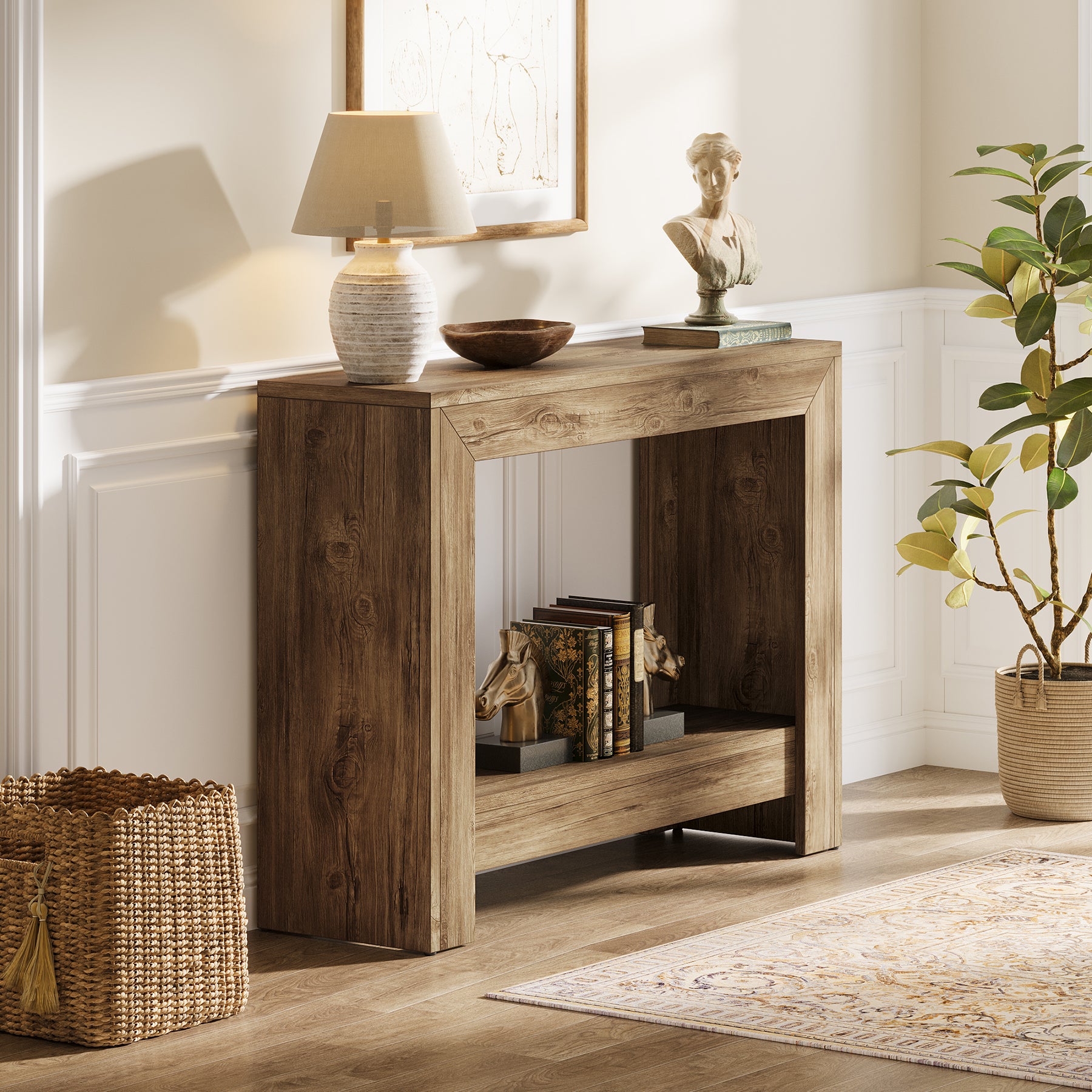 41.3-Inch Rustic Wood Console Table with Open Storage Shelves for Hallway