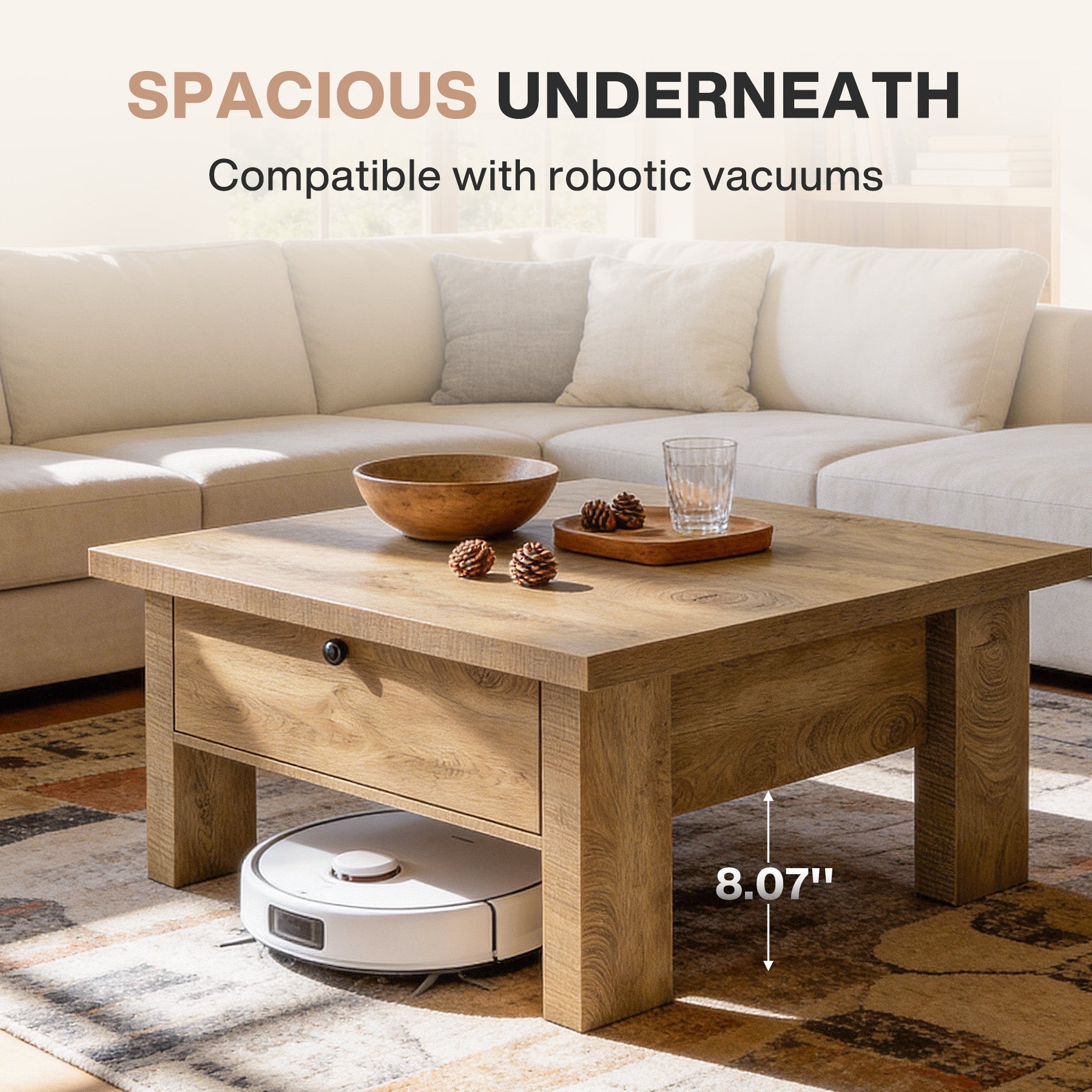31.5" Square Coffee Table with Storage for Small Spaces, Modern Brown Living Room Center Table