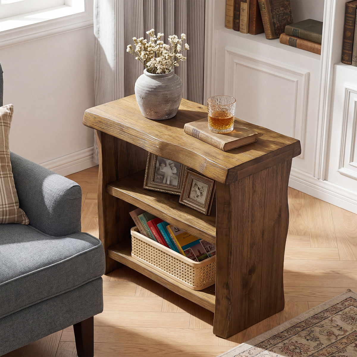 23.62 Inch Solid Wood End Table with 3-Tier Storage Shelves and Live-Edge Design, Narrow Side Table for Living Room
