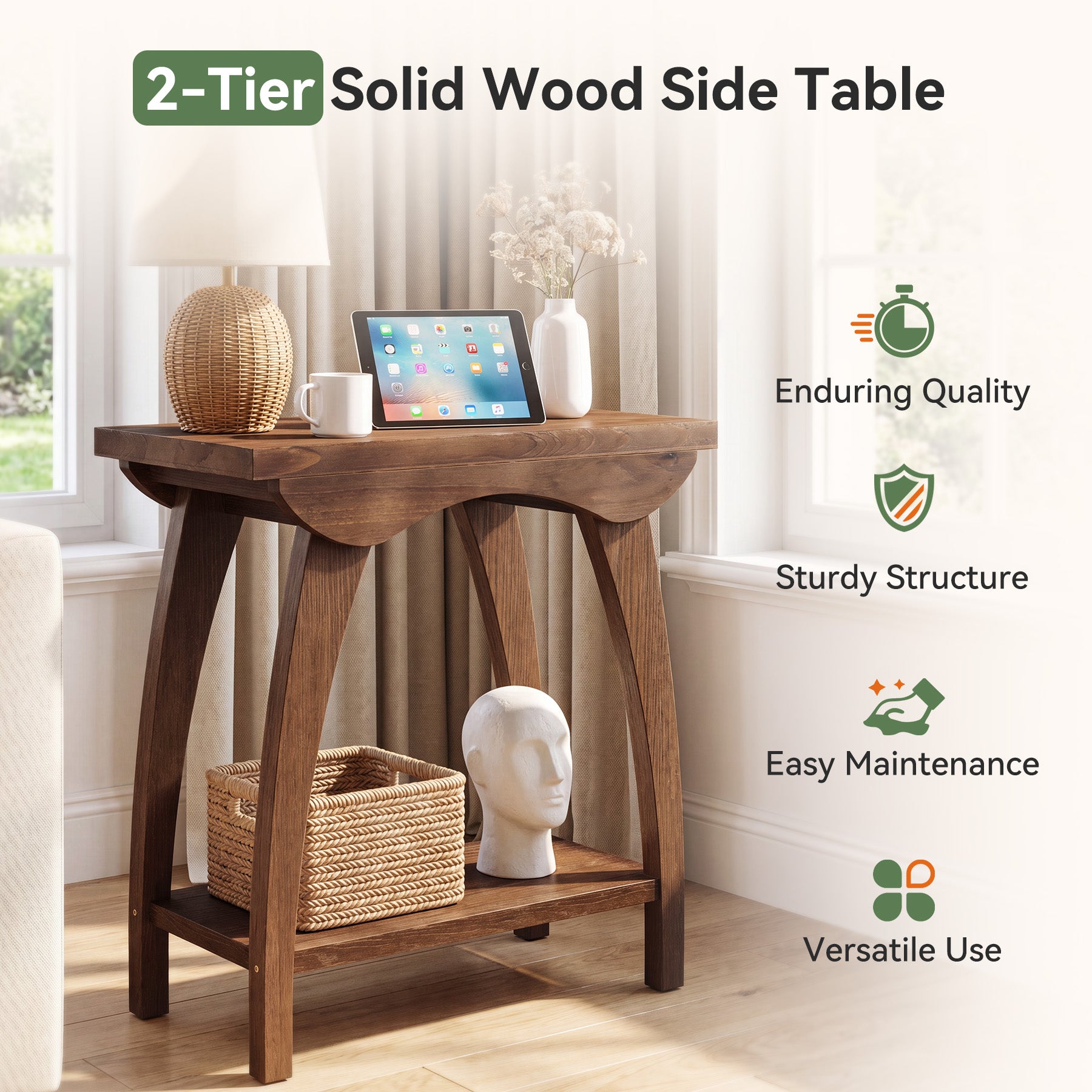 Tribesigns 23.62-Inch Solid Wood End Table with Lower Shelf, Farmhouse Side Table for Living Room