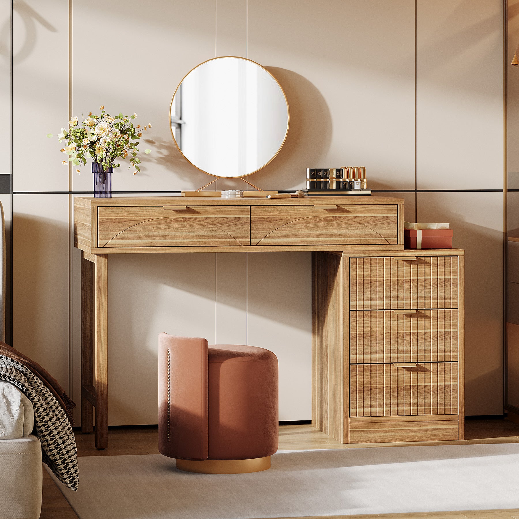 Makeup Vanity Desk with 5 Drawers, Reversible Dressing Table for Bedroom and Narrow Spaces (without mirror)