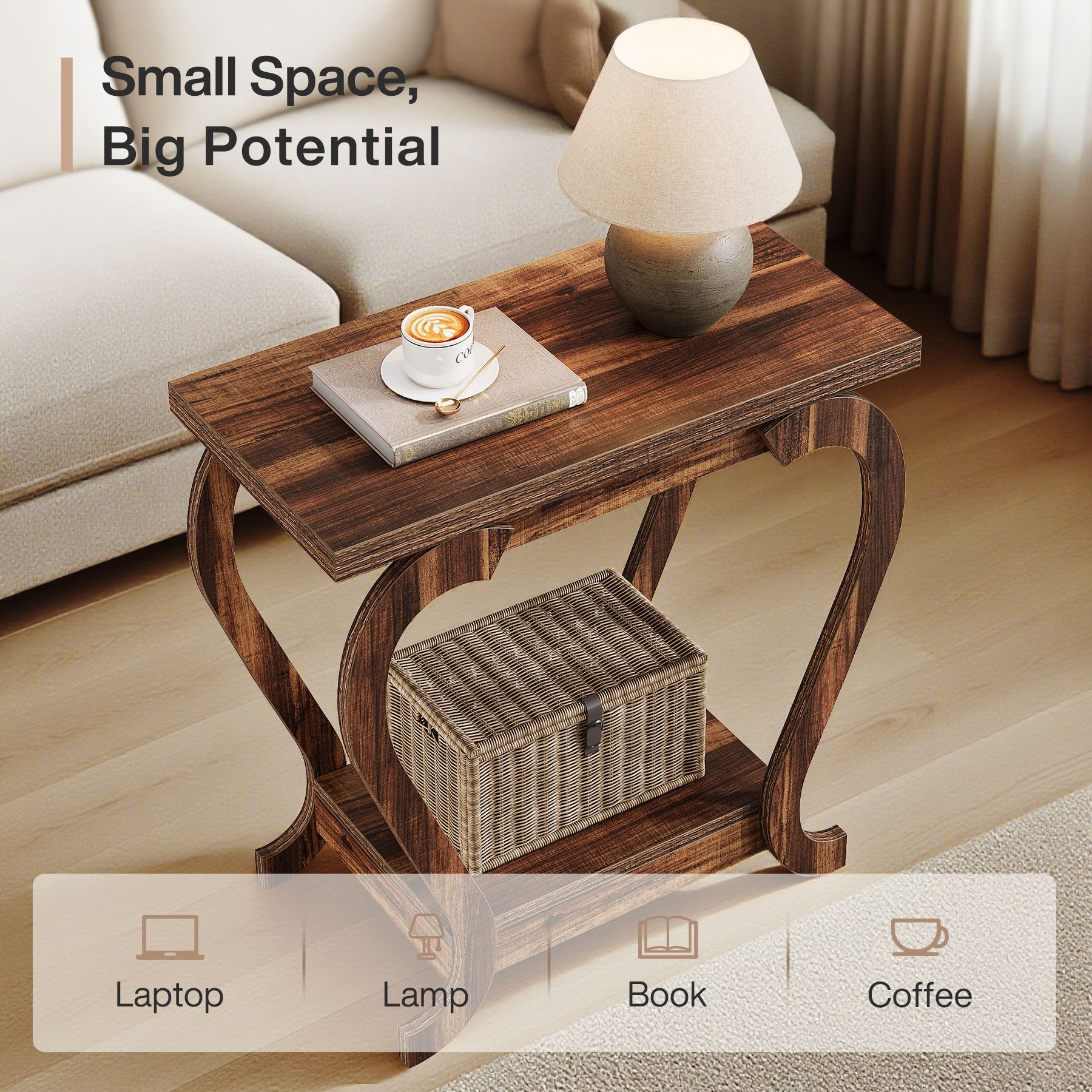 Brown Wooden End Table, 23.62 Inch 2-Tier Side Table for Small Spaces