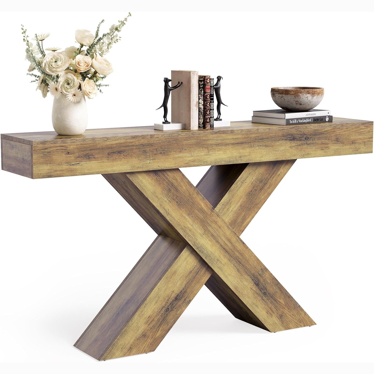 55" Rustic Industrial X-Brace Console Table - Slim Sofa Table for Entryway, Hallway & Living Room in Brown