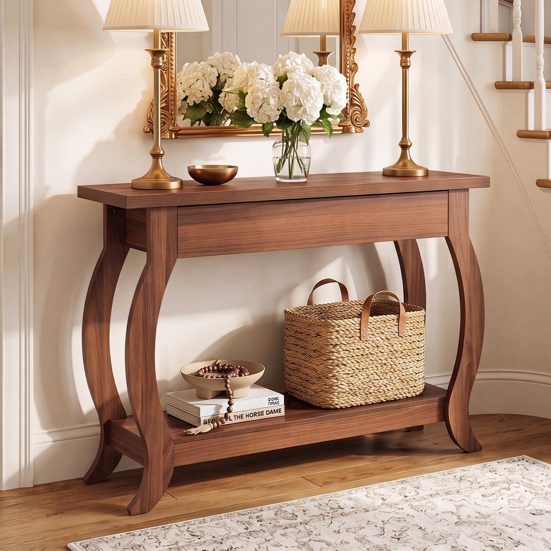 41.3-Inch Narrow Console Table with Drawer, Curved-Leg Hallway Table with Storage