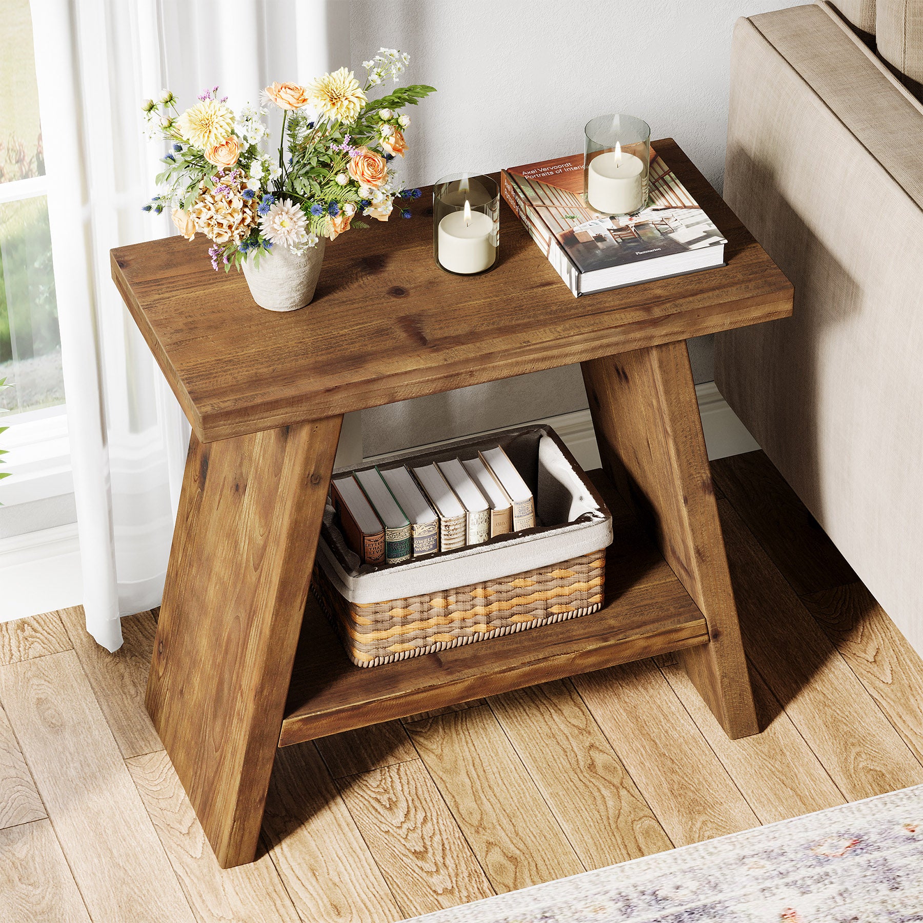 Tribesigns 23.62" Solid Wood End Table, 2-Tier Nightstand for Living Room and Bedroom