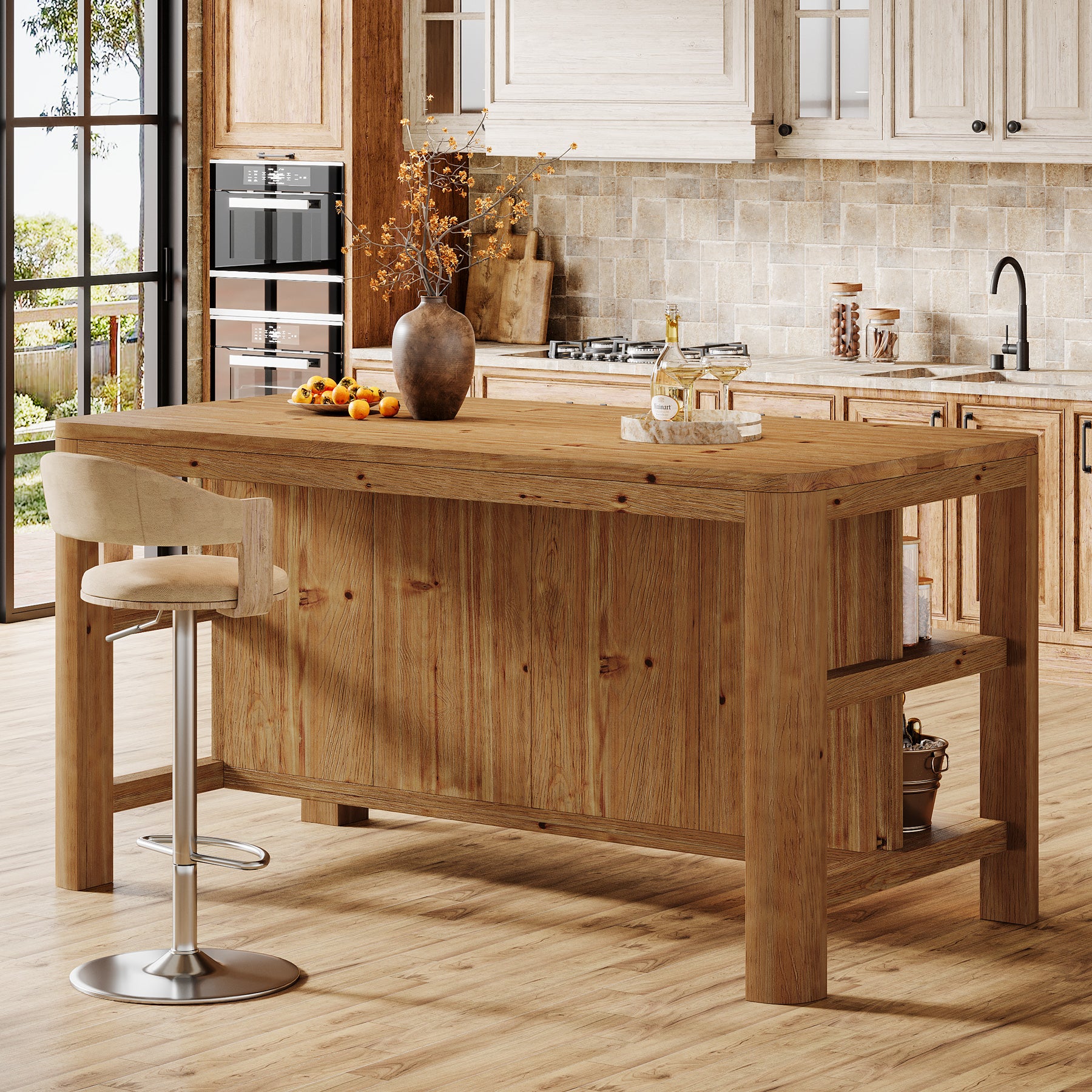 Tribesigns 63-Inch Rectangular Bar Table with Solid Wood Top and Storage Shelves, Counter Height Table for Home Bar