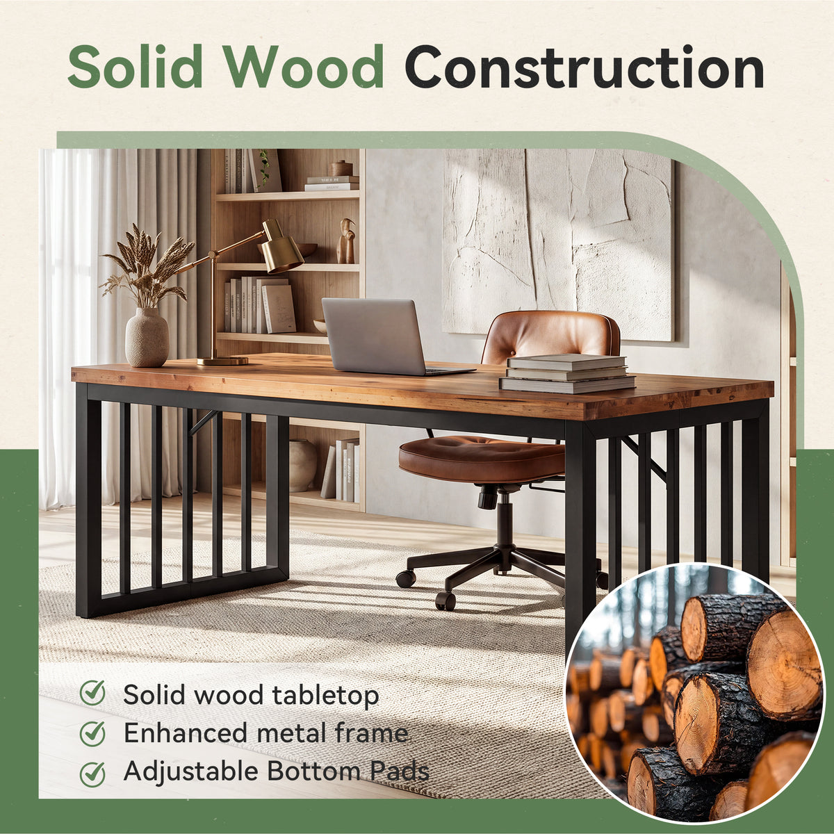 Tribesigns 63 Inch Solid Wood Executive Desk with Metal Frame, Farmhouse Home Office Computer Desk