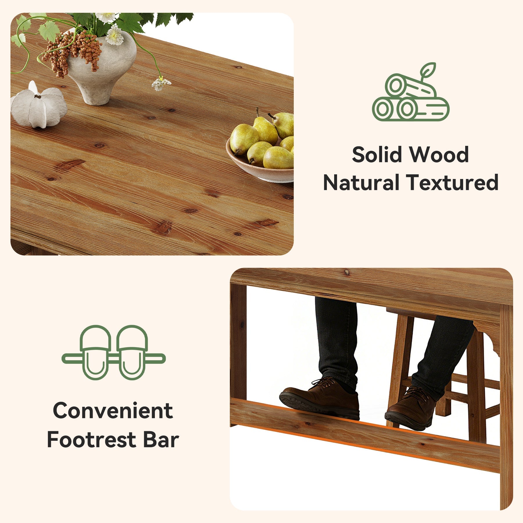 63-Inch Solid Wood 4-6 Seater Dining Table with Thick Top, Rectangular Farmhouse Table