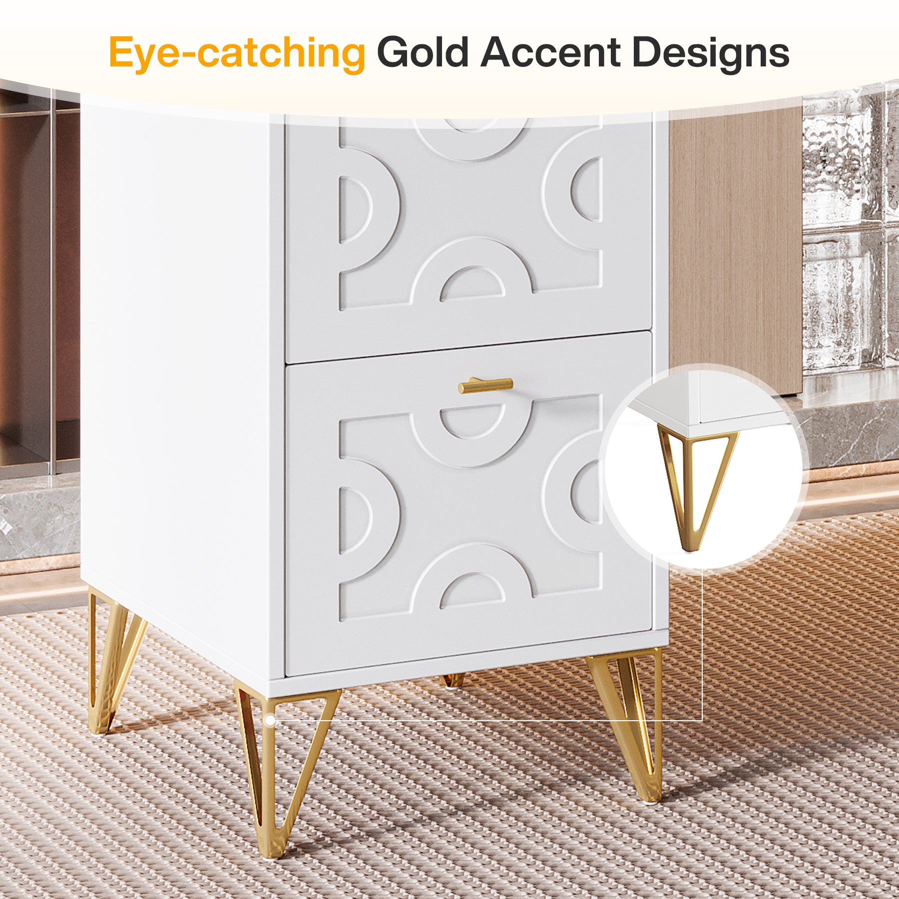 59-Inch Office Desk with Drawers, Modern White Computer Desk with Gold Legs for Home Workspace