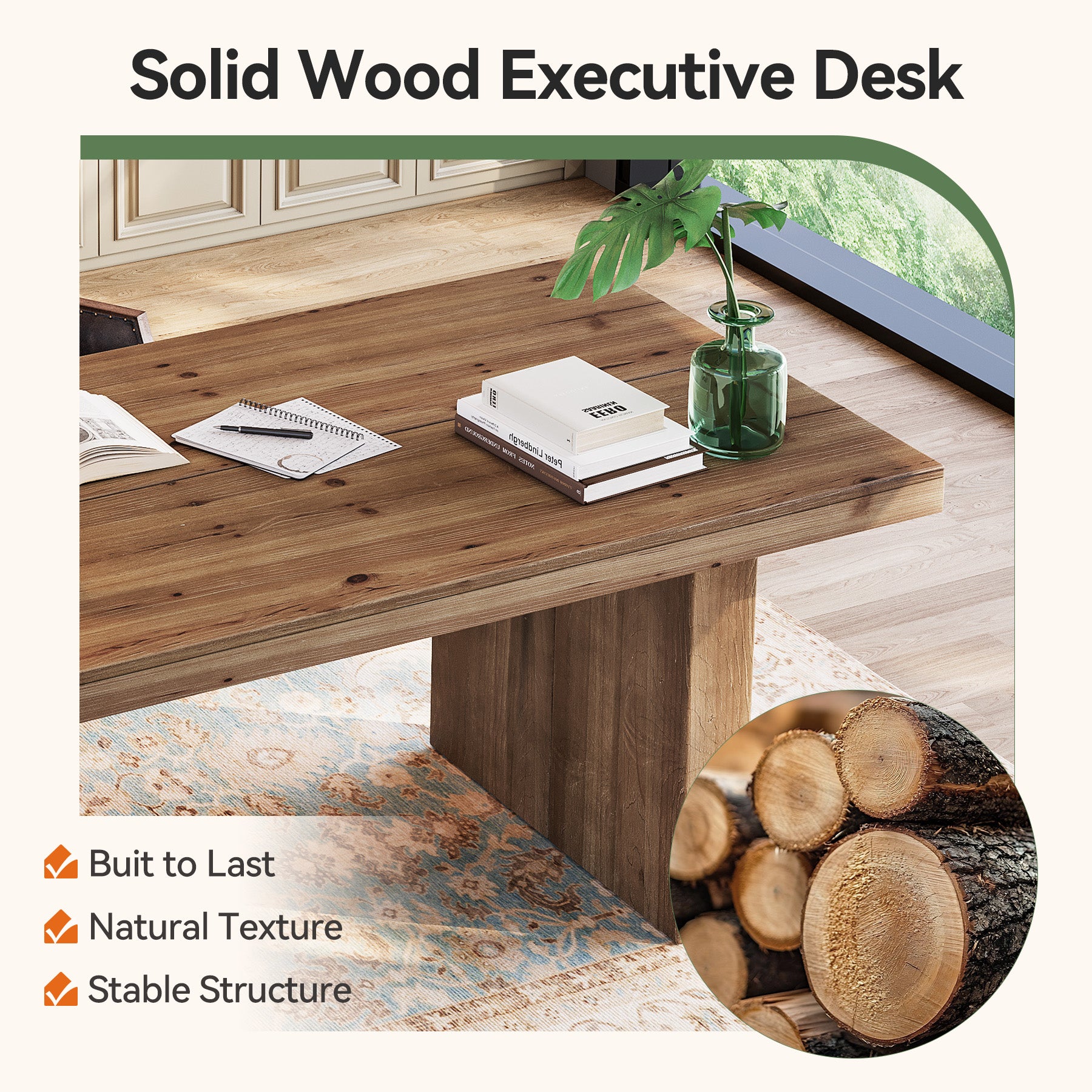 Tribesigns 63-Inch Solid Wood Executive Desk with Spacious Tabletop and Sturdy Wooden Legs, Farmhouse Computer Desk for Home Office Study and Workstation