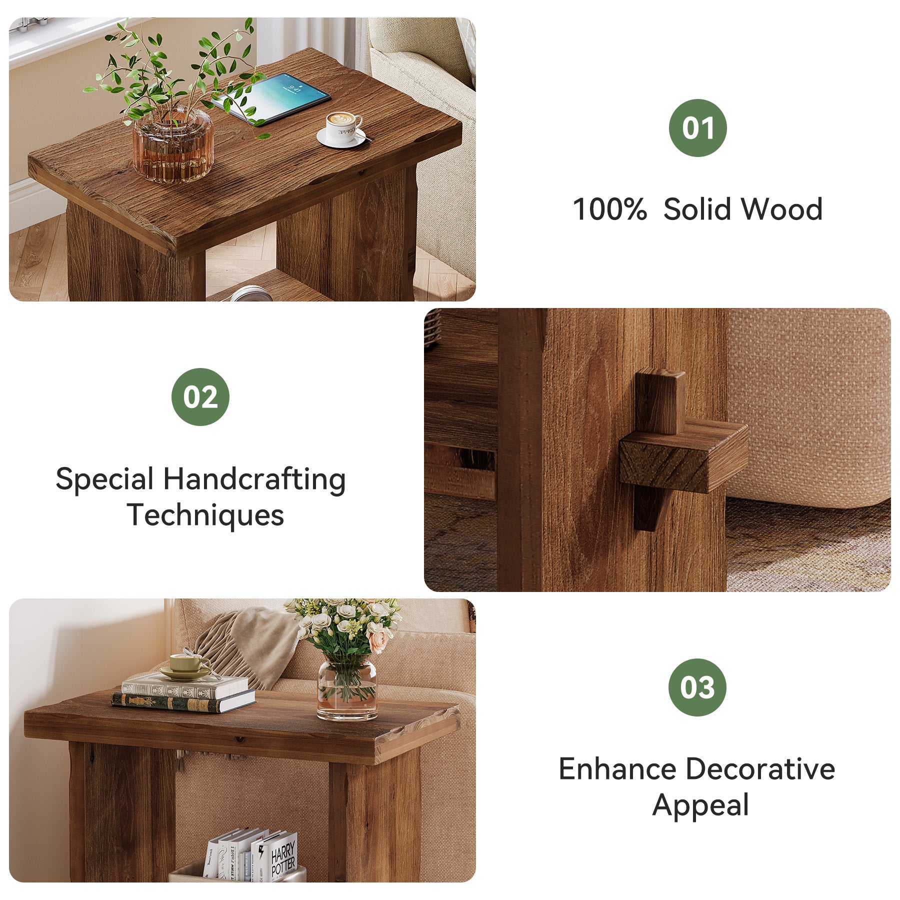 Tribesigns 23.62 Inch Solid Wood Side Table with 2-Tier Storage, Farmhouse End Table for Bedroom