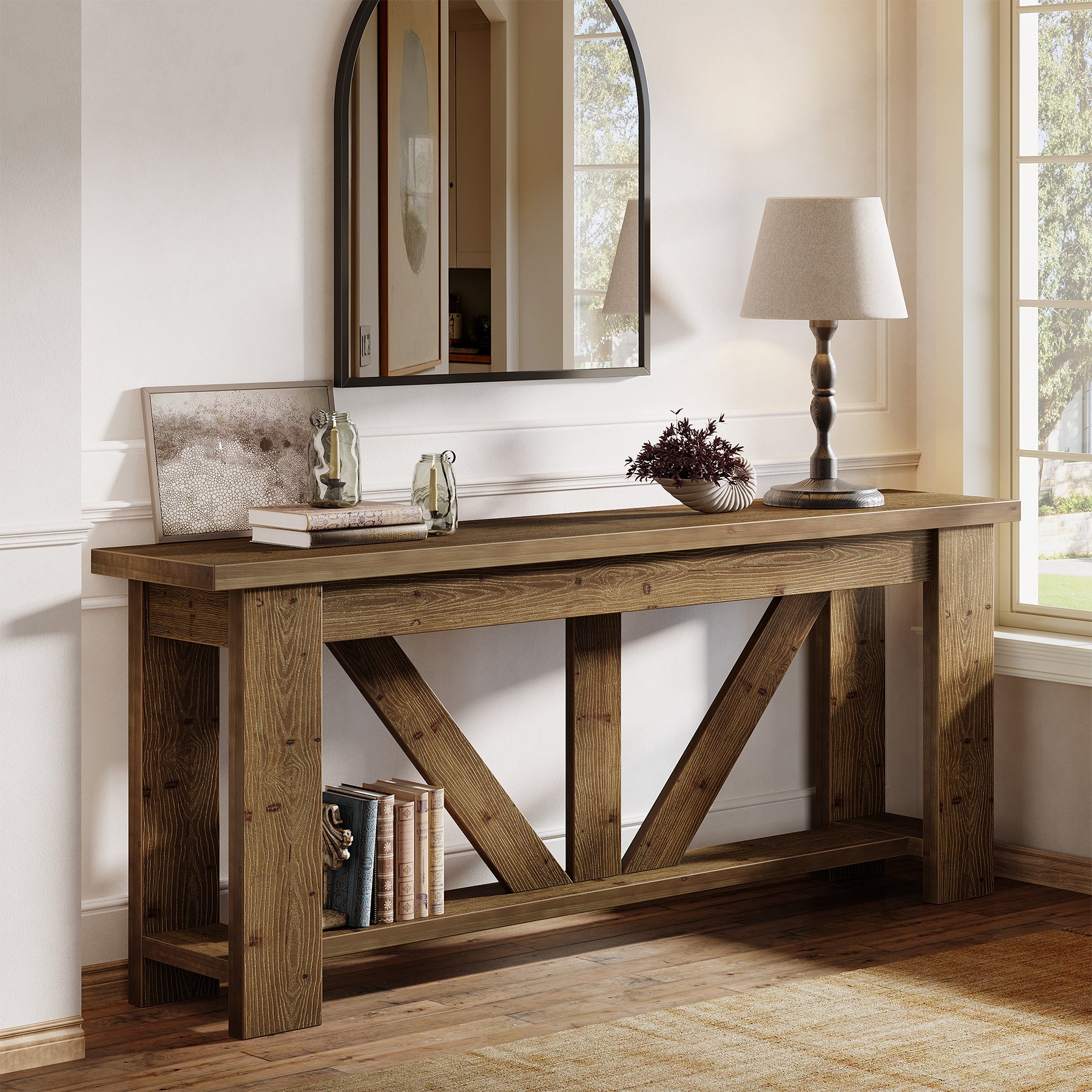 70.9-Inch Solid Wood Console Table with Triangular Base, 2-Tier Sofa Table for Hallway