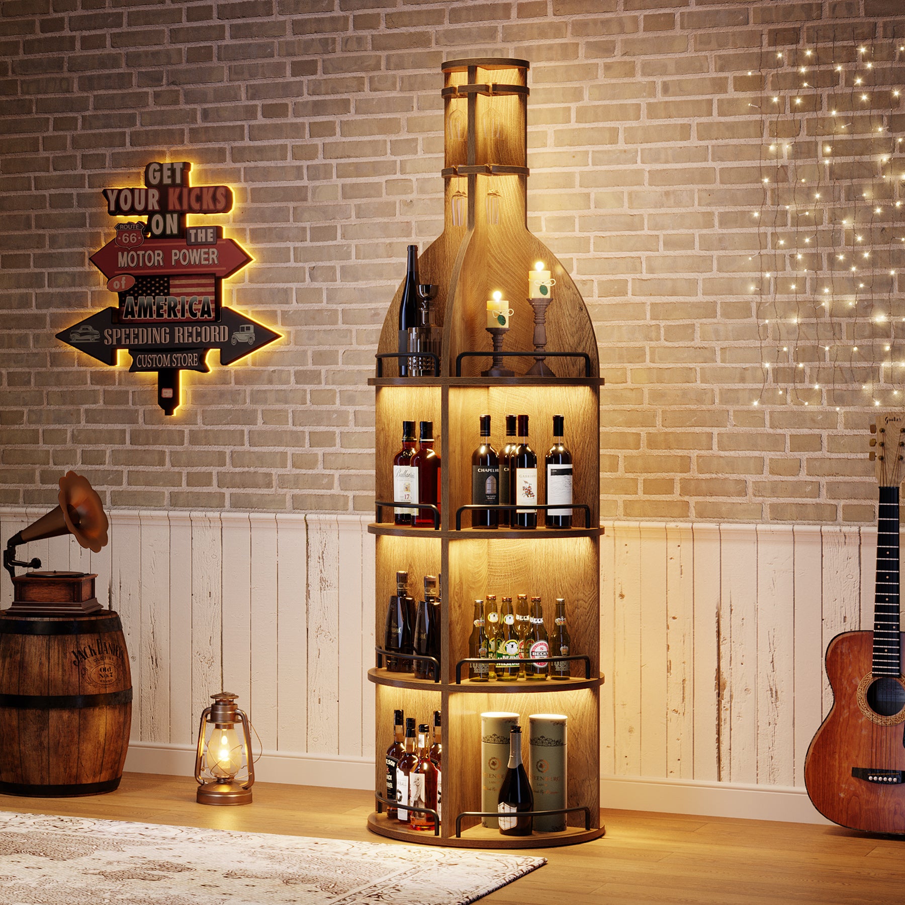 Tribesigns 74.8 Inch Tall Round Wine Rack with Storage Shelves and Glass Holder, Freestanding Wine Bar Cabinet for Home Bar