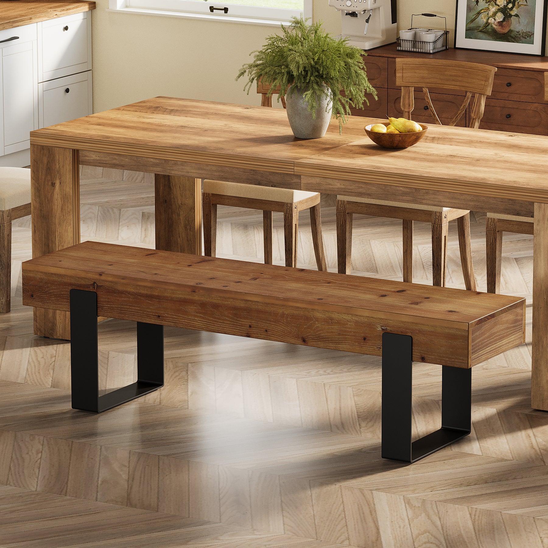 Tribesigns 63-Inch Solid Wood Dining Bench, Farmhouse Kitchen Seat with Metal Legs for Dining Room