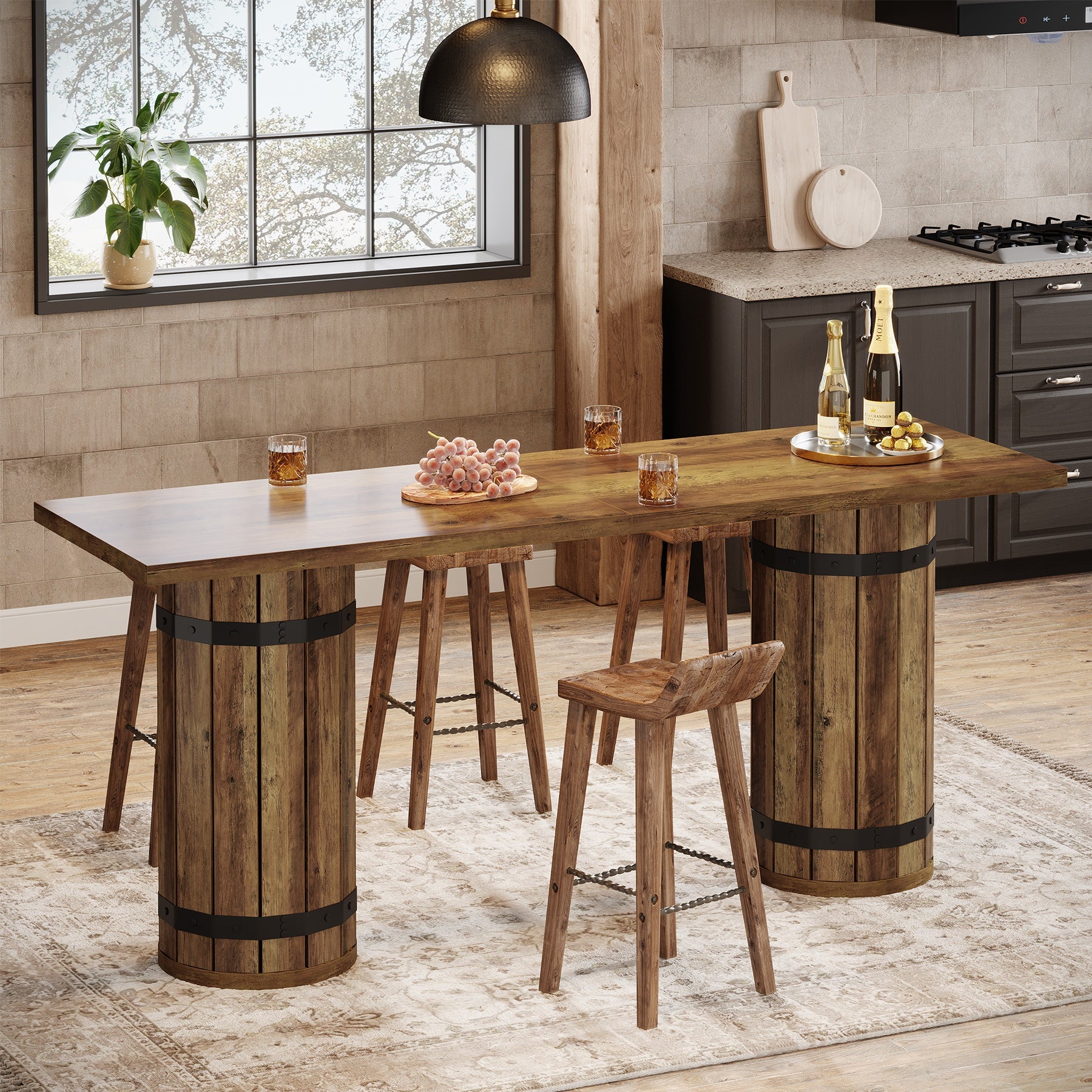 70.9-Inch Long Bar Table with Slatted Base, Rectangular Counter Height Pub Table
